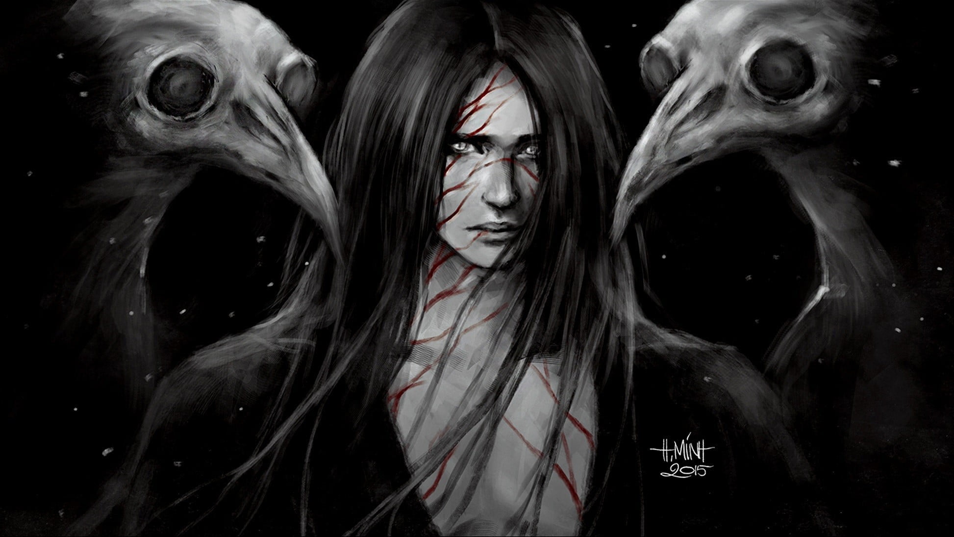 shirt, hairstyle, young adult, fantasy art, beautiful woman, long hair, sketch, one person, women, dark, wearing, looking at camera, spooky, hair, black background, HD Wallpaper