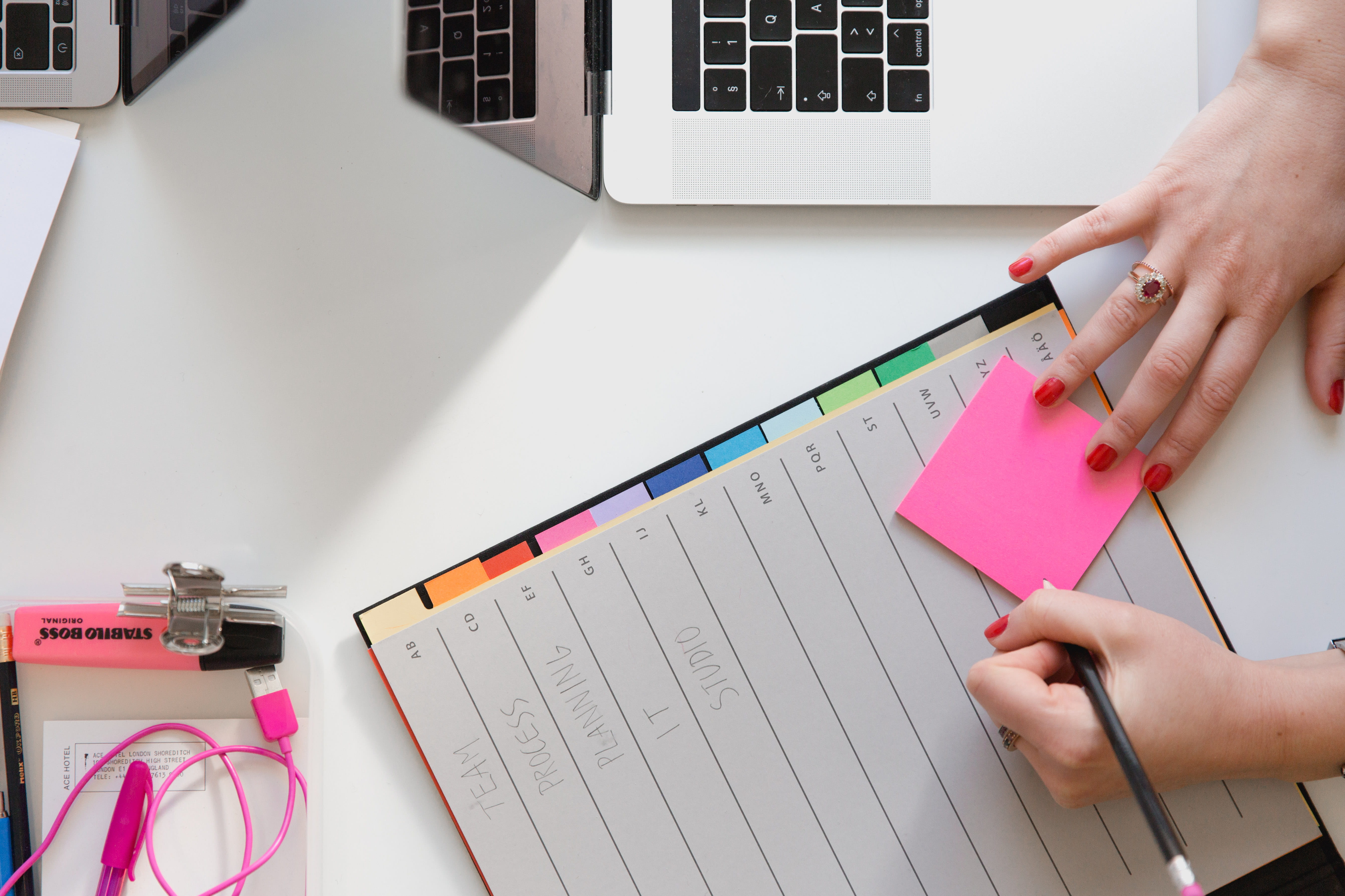 human hand, stationary, women, laptop, planning, red nail, 5K, black, desk, pink color, holding, human body part, note, note pad, ring, computer, table, HD Wallpaper