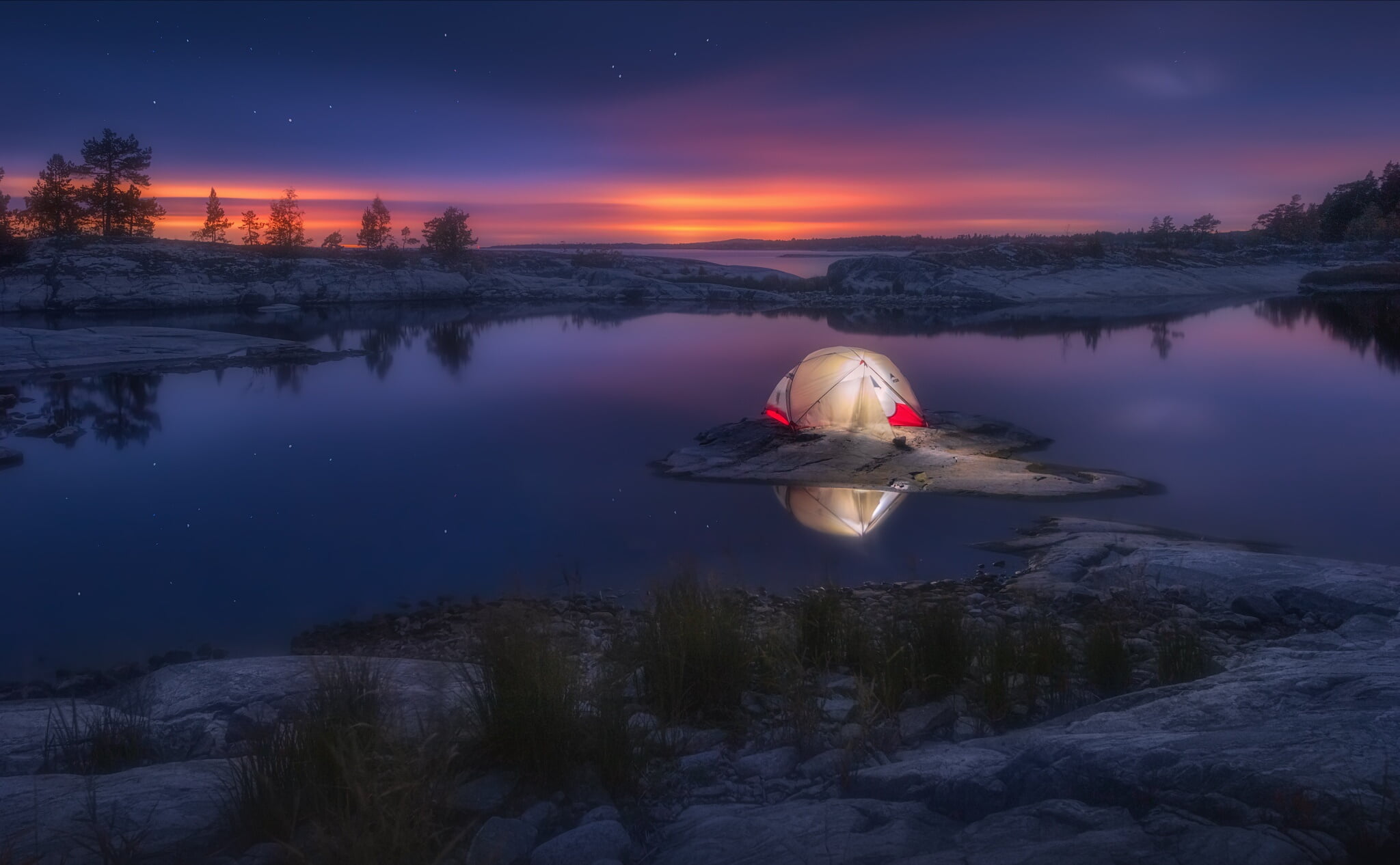 tent, Skerries, Ladoga, dawn, 1080P, Lake Ladoga, night, lake, Alexander Kukanov, stones, nature, stars, HD Wallpaper