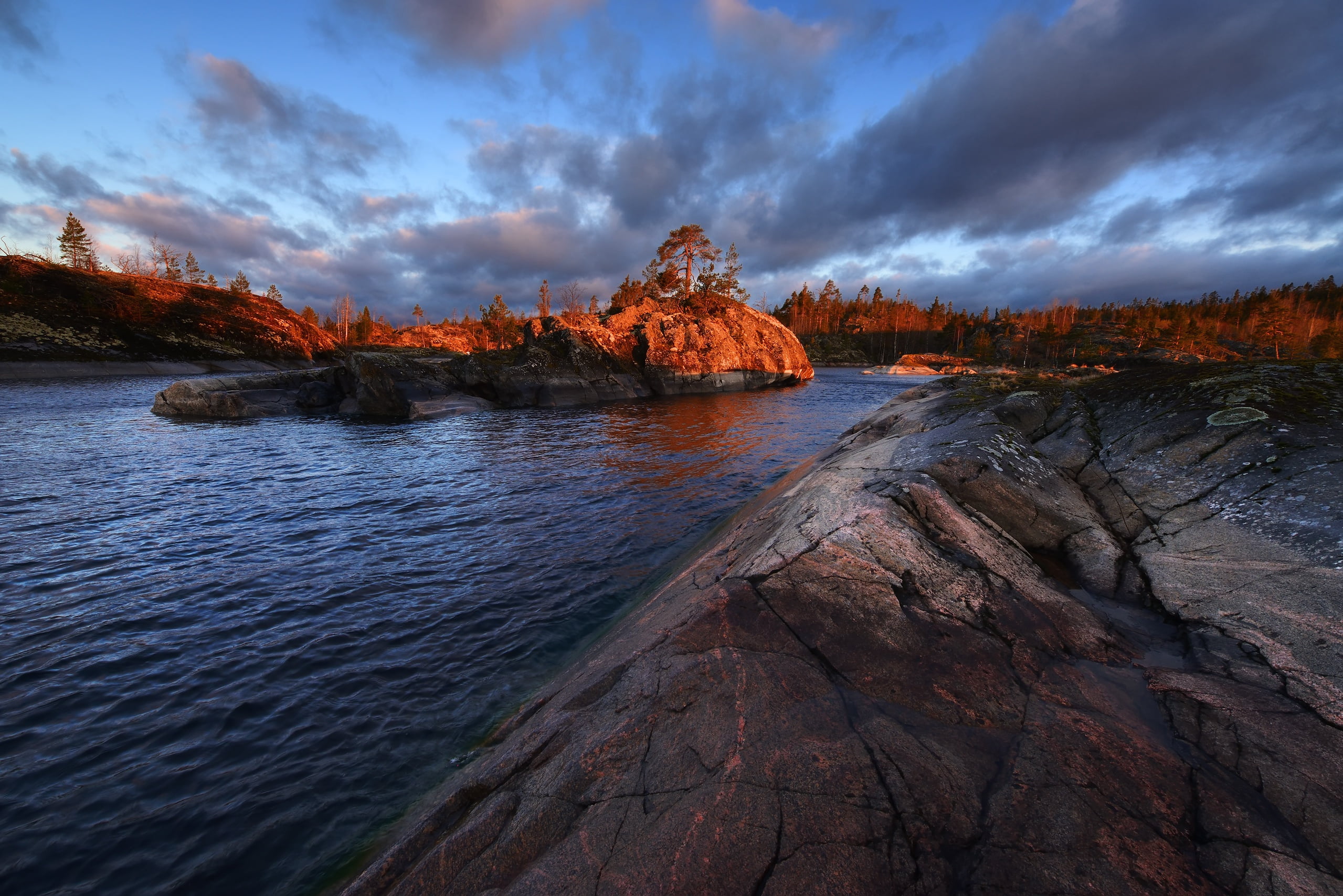 stones, sunset, 1080P, trees, Ladoga, Maxim Evdokimov, Skerries, clouds, the sky, Lake Ladoga, HD Wallpaper