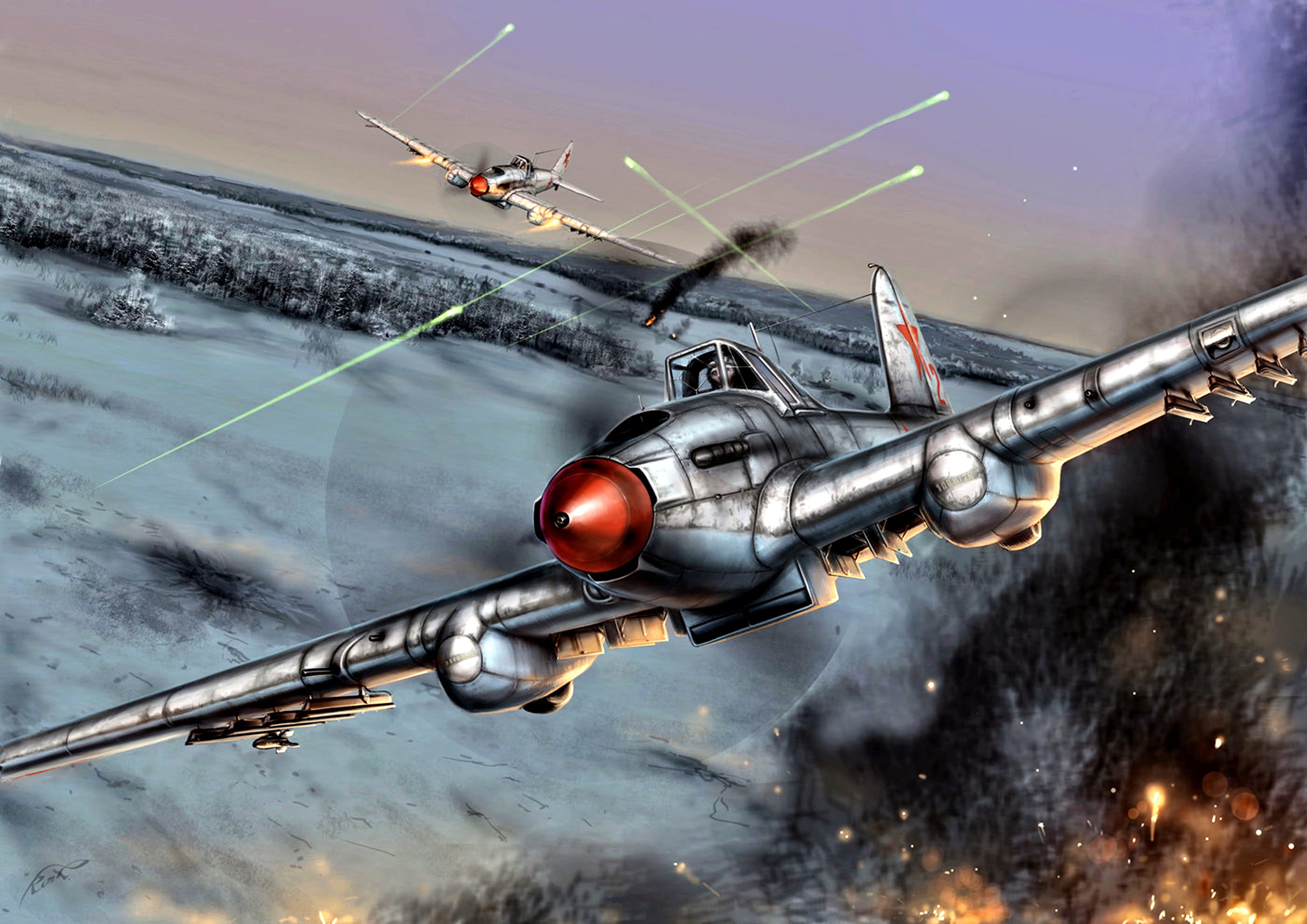 Snow, Il-2, Pair, Attack, smoke, attack aircraft, Aircraft-soldier, Humpback, Winter, The explosion, 2K, HD Wallpaper
