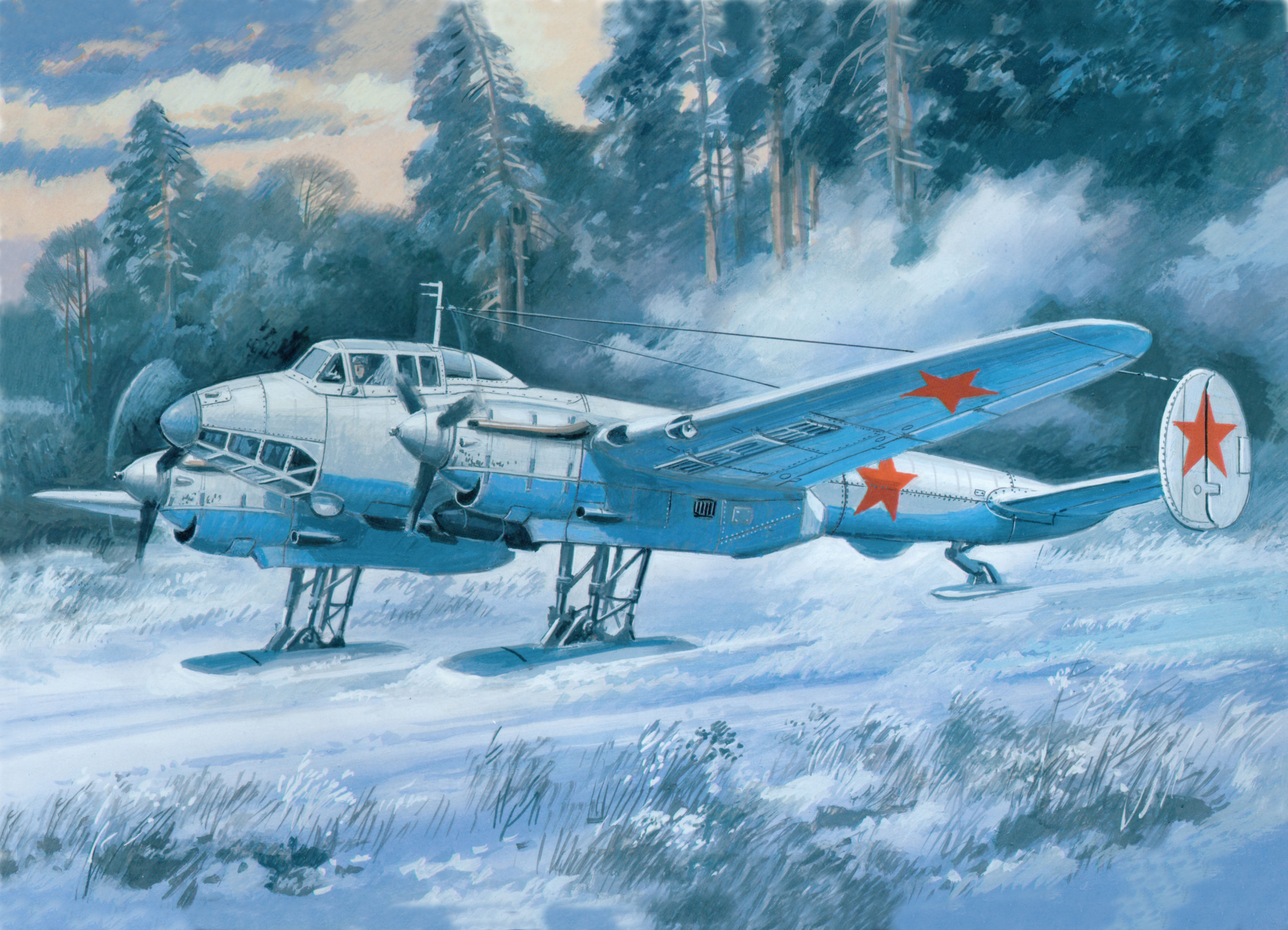 PE - 2 UM, winter, snow, 5K, WWII, dive, Soviet, bomber, 55 series, figure, the ski gear, art, field, the plane, HD Wallpaper