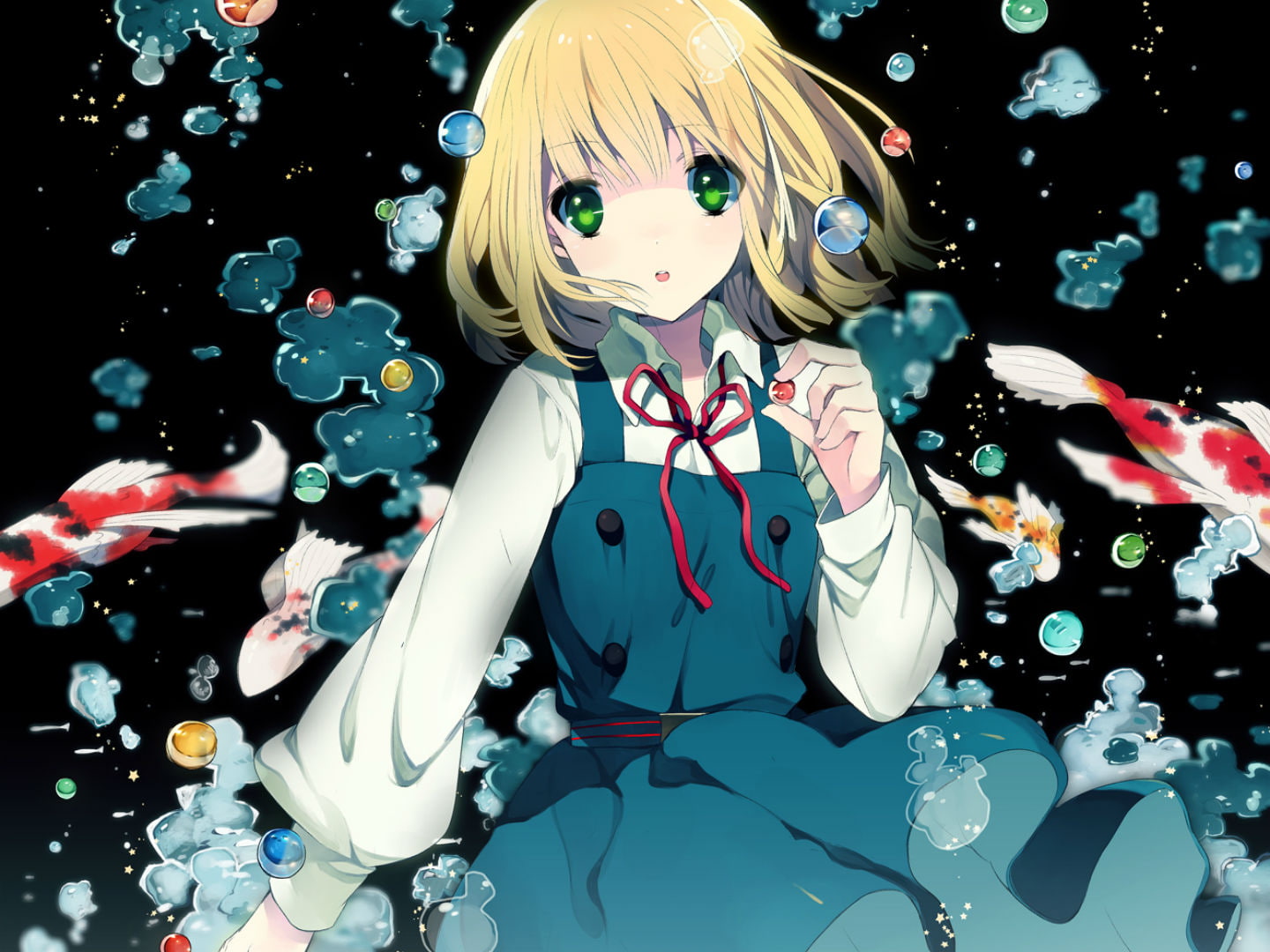 green, fish, bubbles, short, 720P, seifuku, ribbons, midori, eyes, water, tamako, market, animal, tokiwa, hair, rugo, blonde, HD Wallpaper