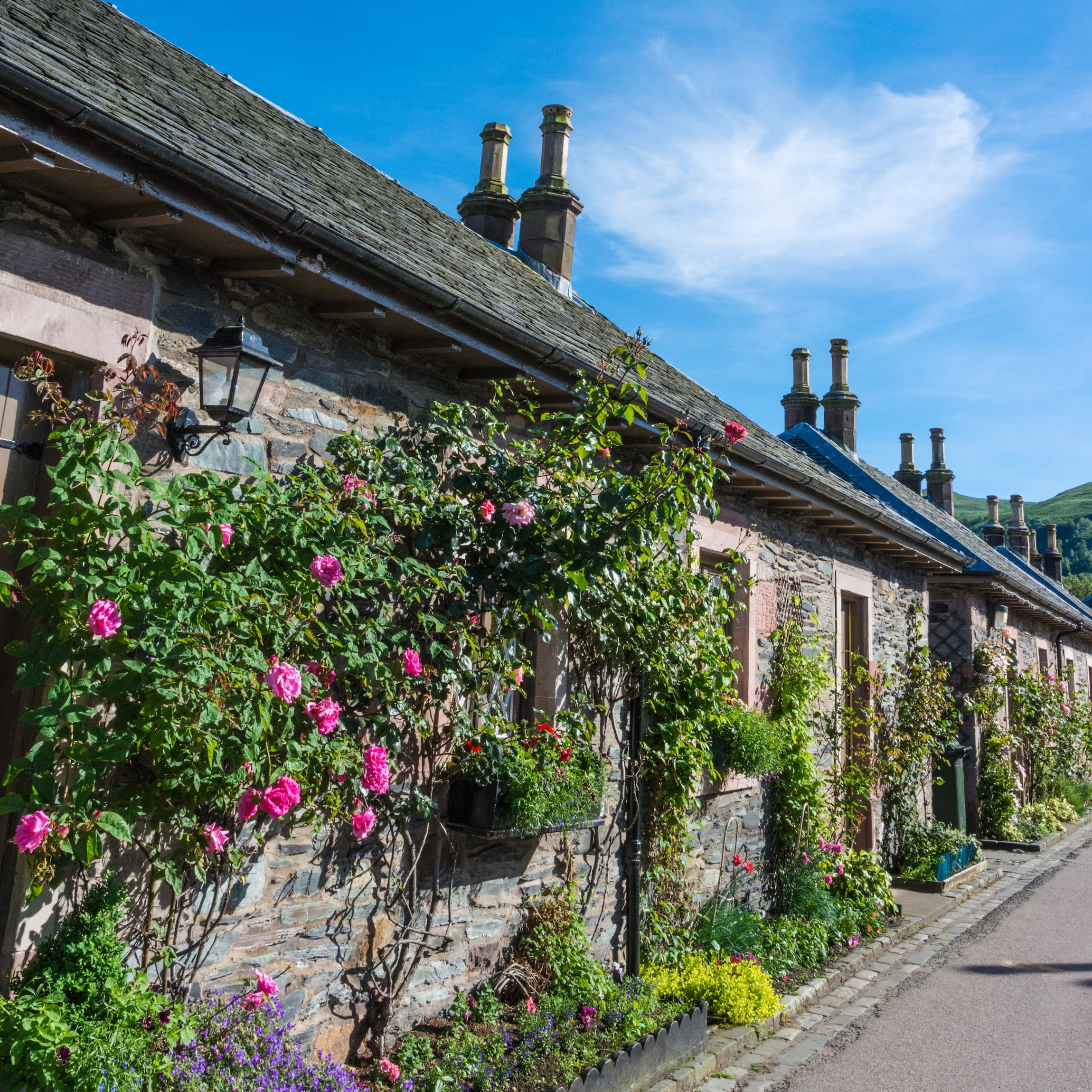 architecture, 1080P, Old House, sunlight, low angle view, Flowers, residential district, building, summer, cloud - sky, outdoors, building exterior, flower, Phone HD Wallpaper