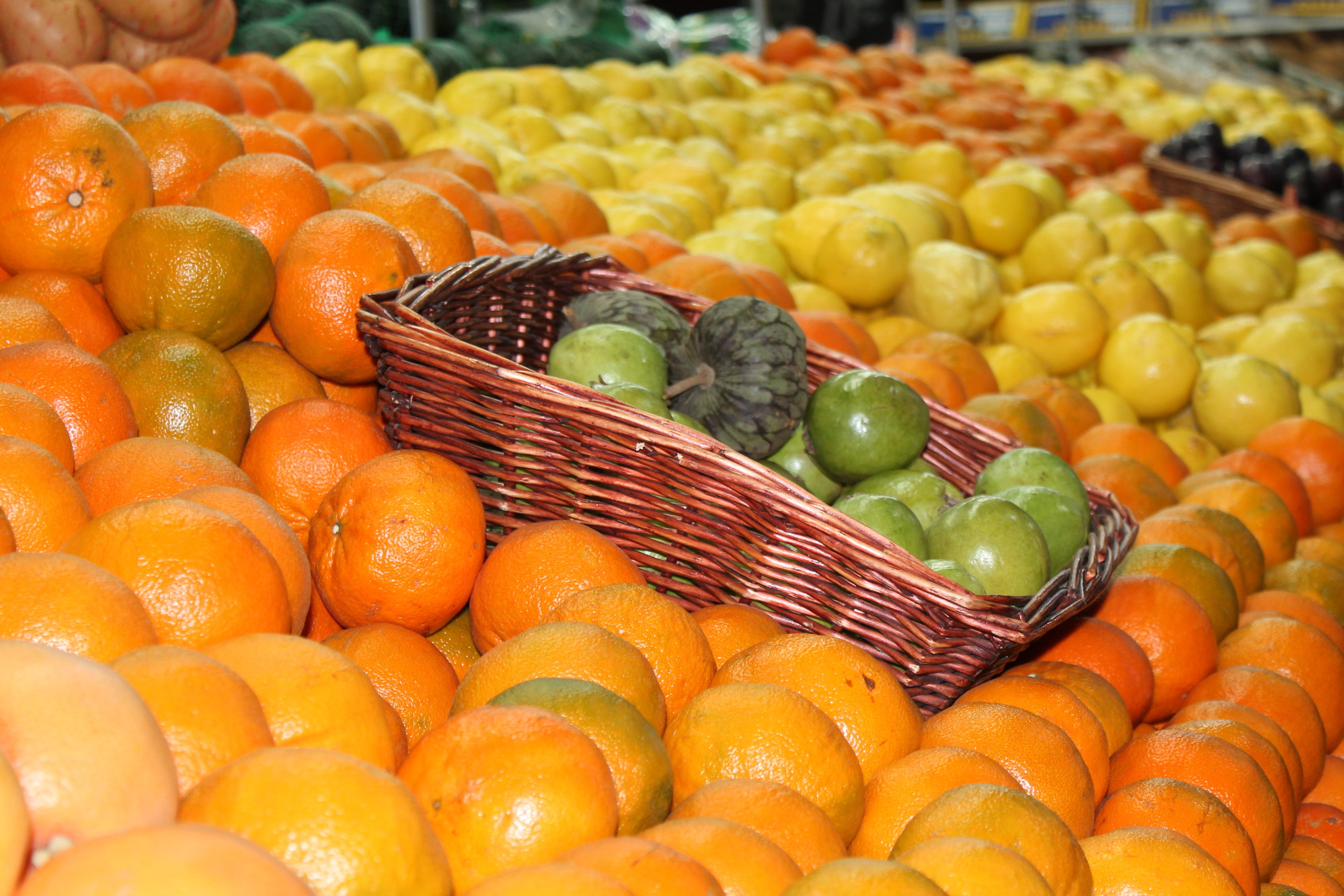 orange, abundance, no people, 4K, orange color, super market, wellbeing, limes, large group of objects, citrus fruit, lemons, basket, fresh, container, HD Wallpaper