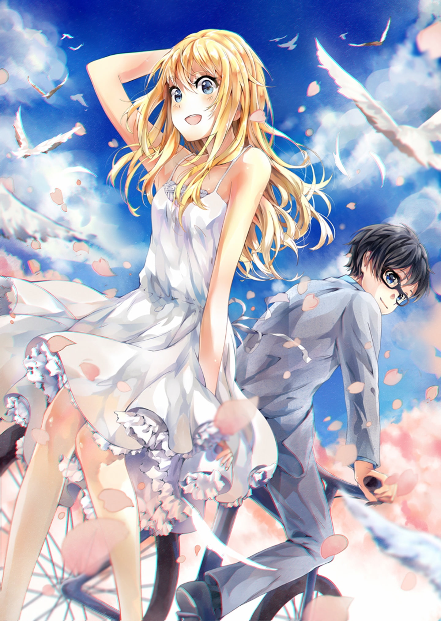 cute, bike, shigatsu+wa+kimi+no+uso, boy, dress, anime, birds, couple, beautiful, girl, 1080P, original, Phone HD Wallpaper