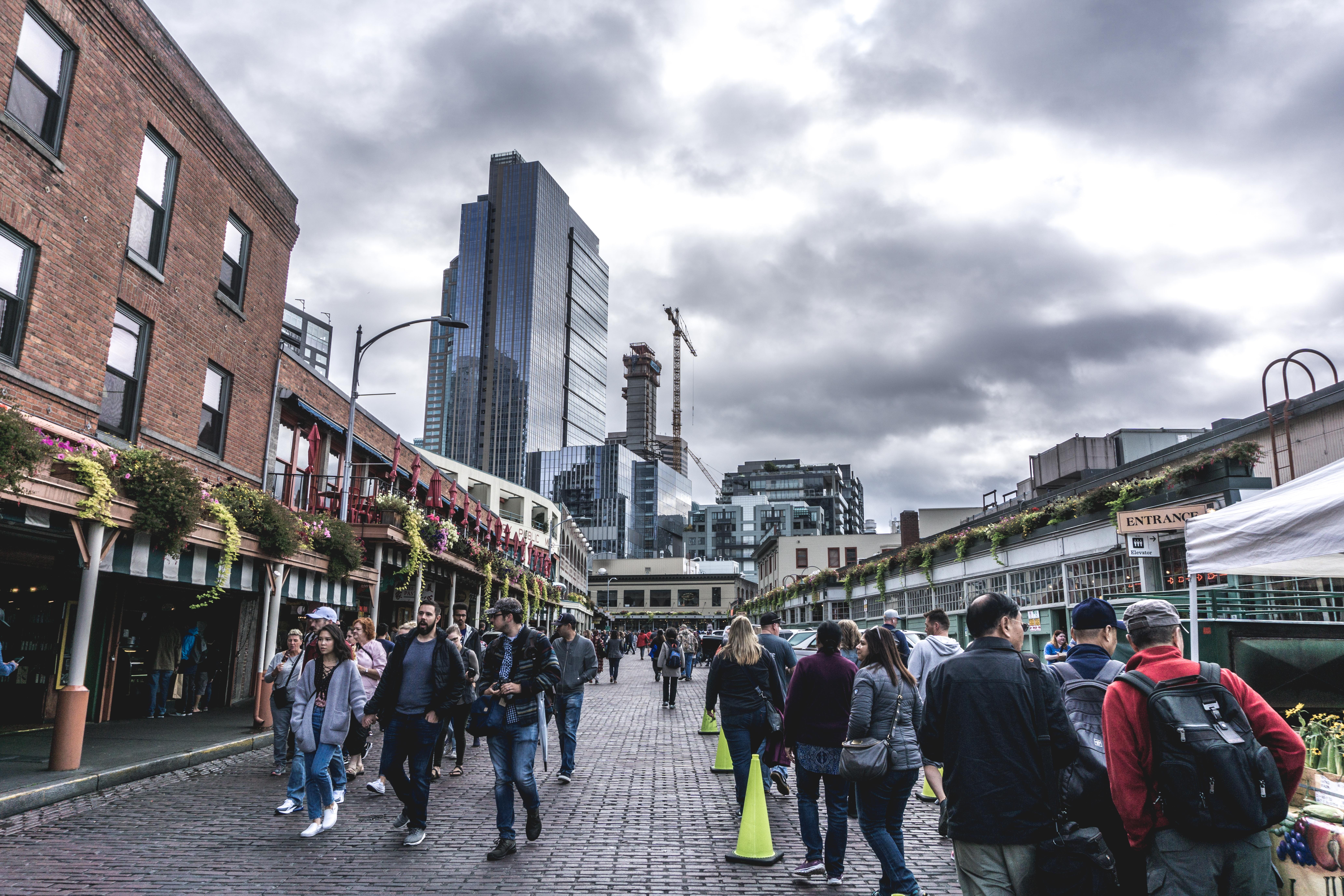 pike place market, office building exterior, city life, transportation, architecture, men, united states, lifestyles, modern, tall - high, group of people, HD Wallpaper