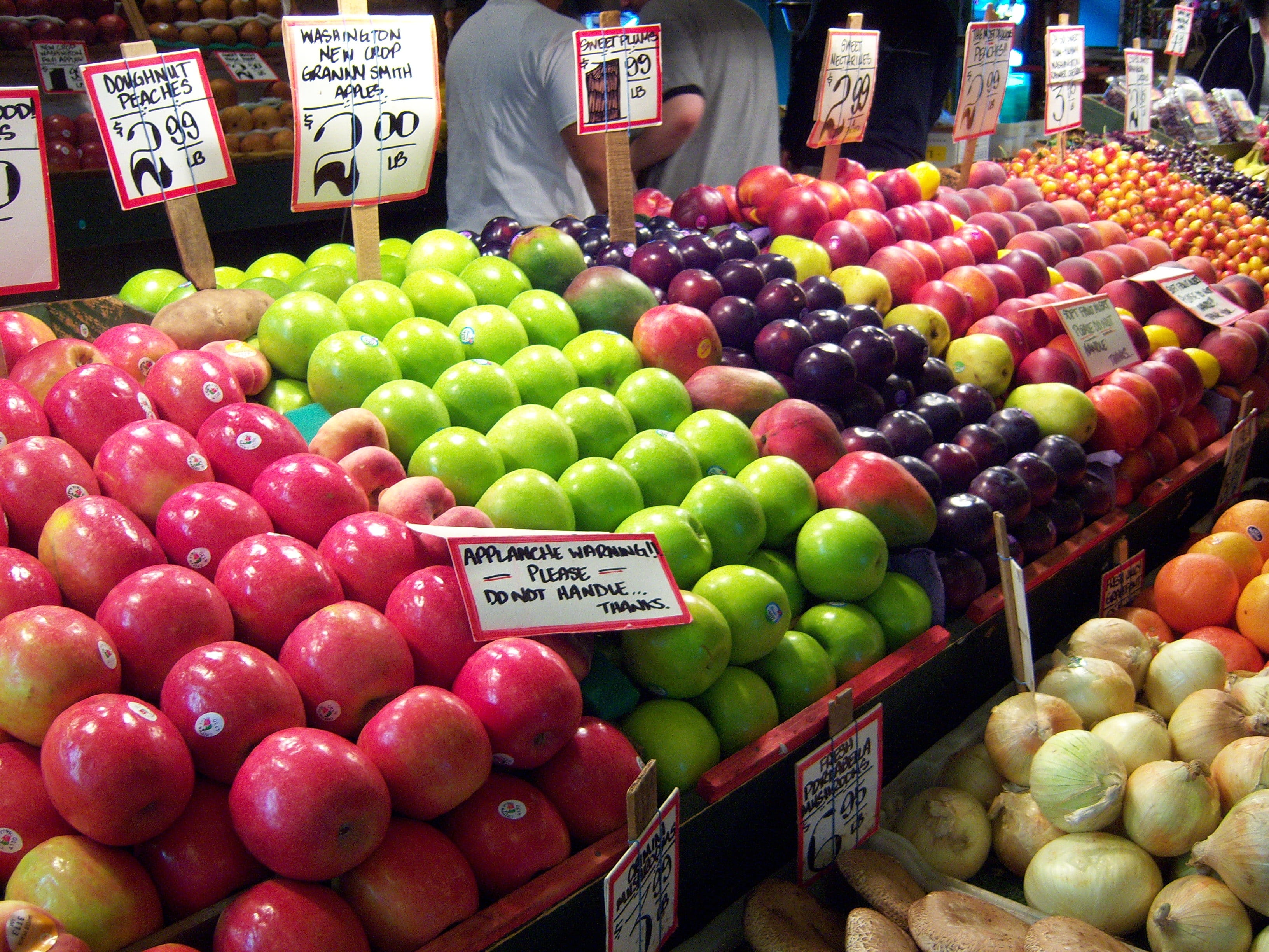 script, food and drink, for sale, food, shop, consumerism, pike place market, market, variation, retail, apple, fruit, abundance, text, wellbeing, price tag, HD Wallpaper