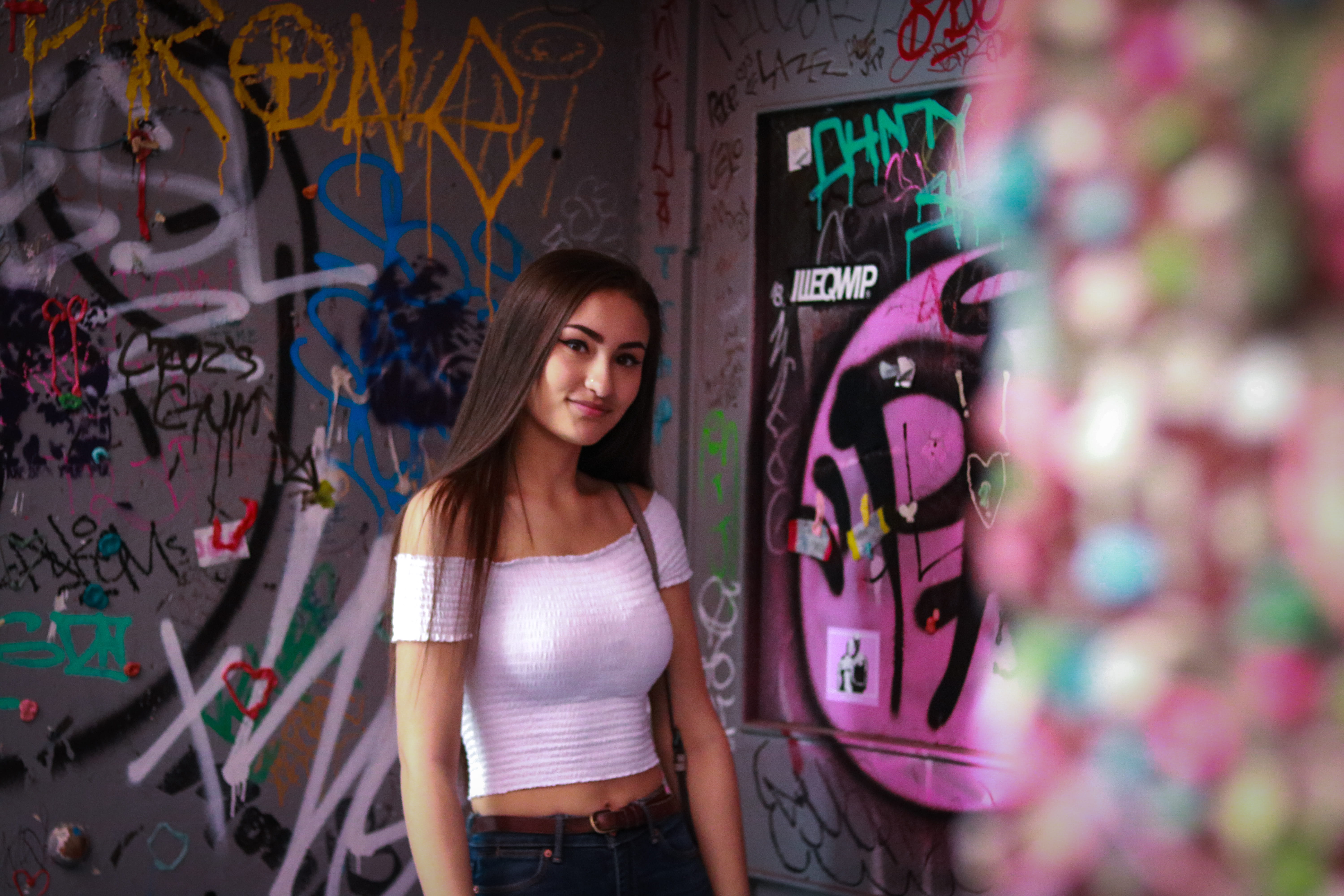 pike place market, wall - building feature, confidence, gumwall, white shirt, long hair, young women, graffiti, front view, teenager, young adult, 5K, HD Wallpaper