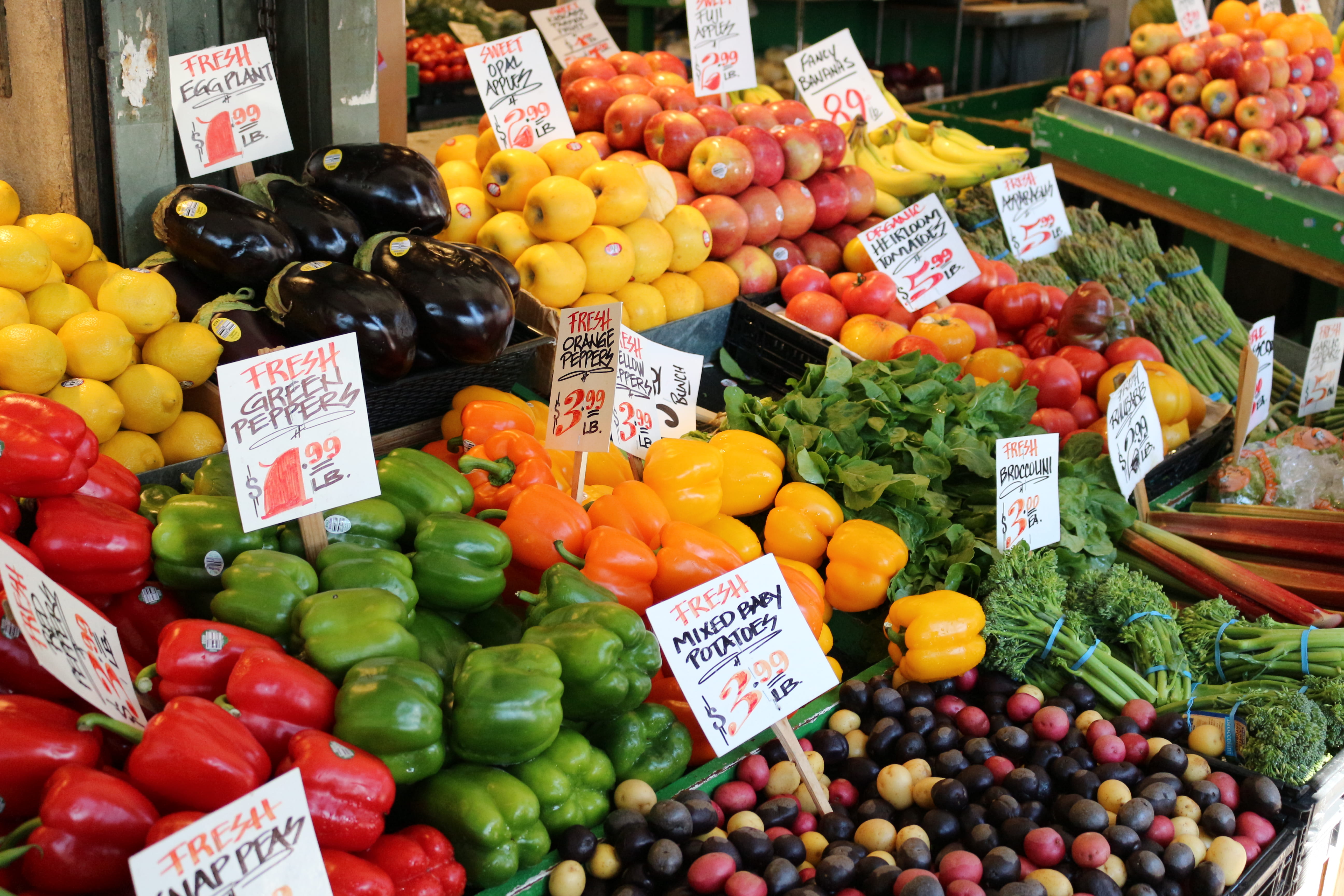 retail, healthy eating, freshness, multi colored, market stall, fruit, food, abundance, peppers, orange, shopping, vegetables, day, united states, lettering, HD Wallpaper