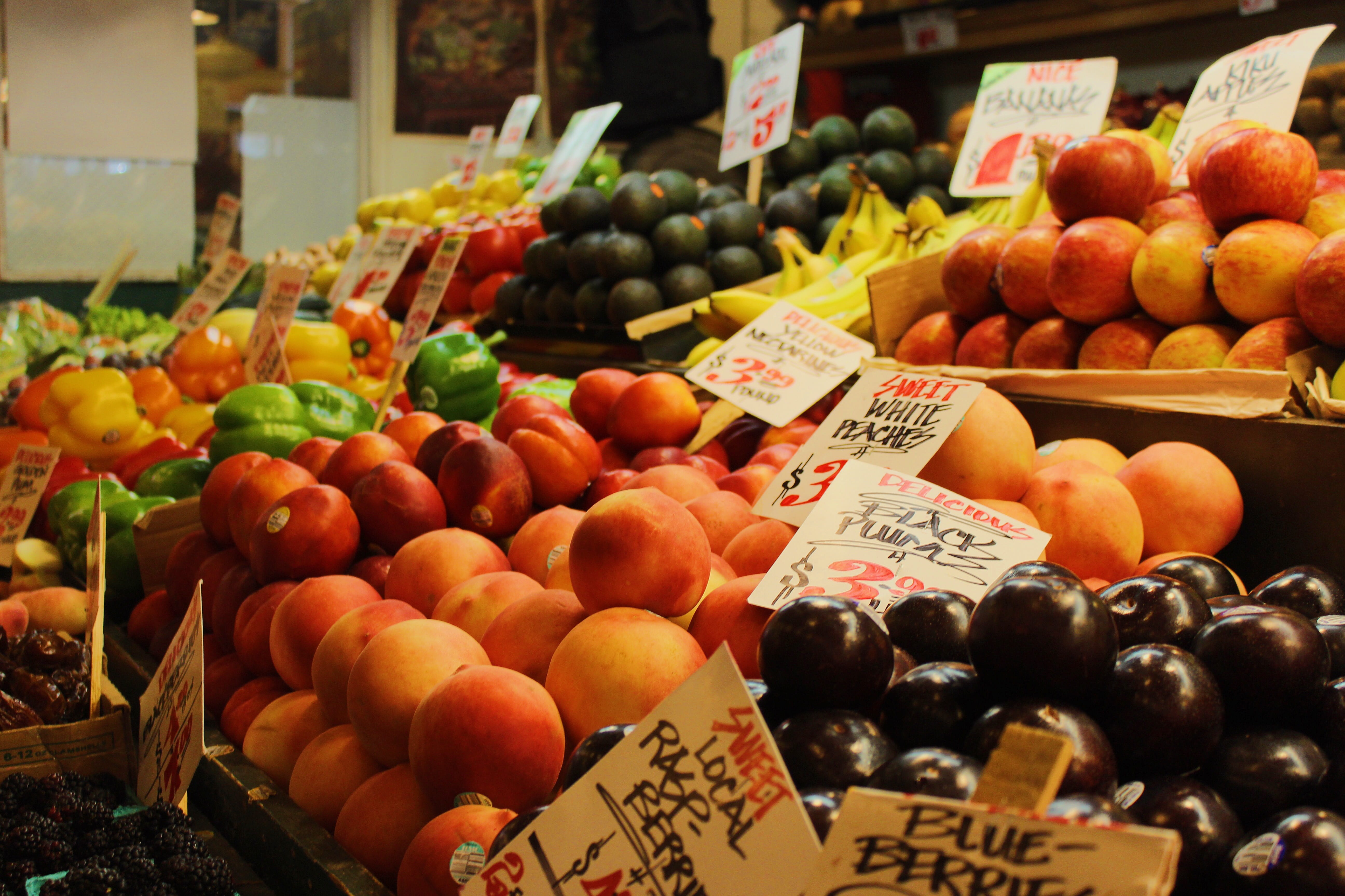 wellbeing, bell peppers, cherries, large group of objects, avacados, price tag, food, for sale, fruit stand, market stall, apple, shop, healthy eating, HD Wallpaper