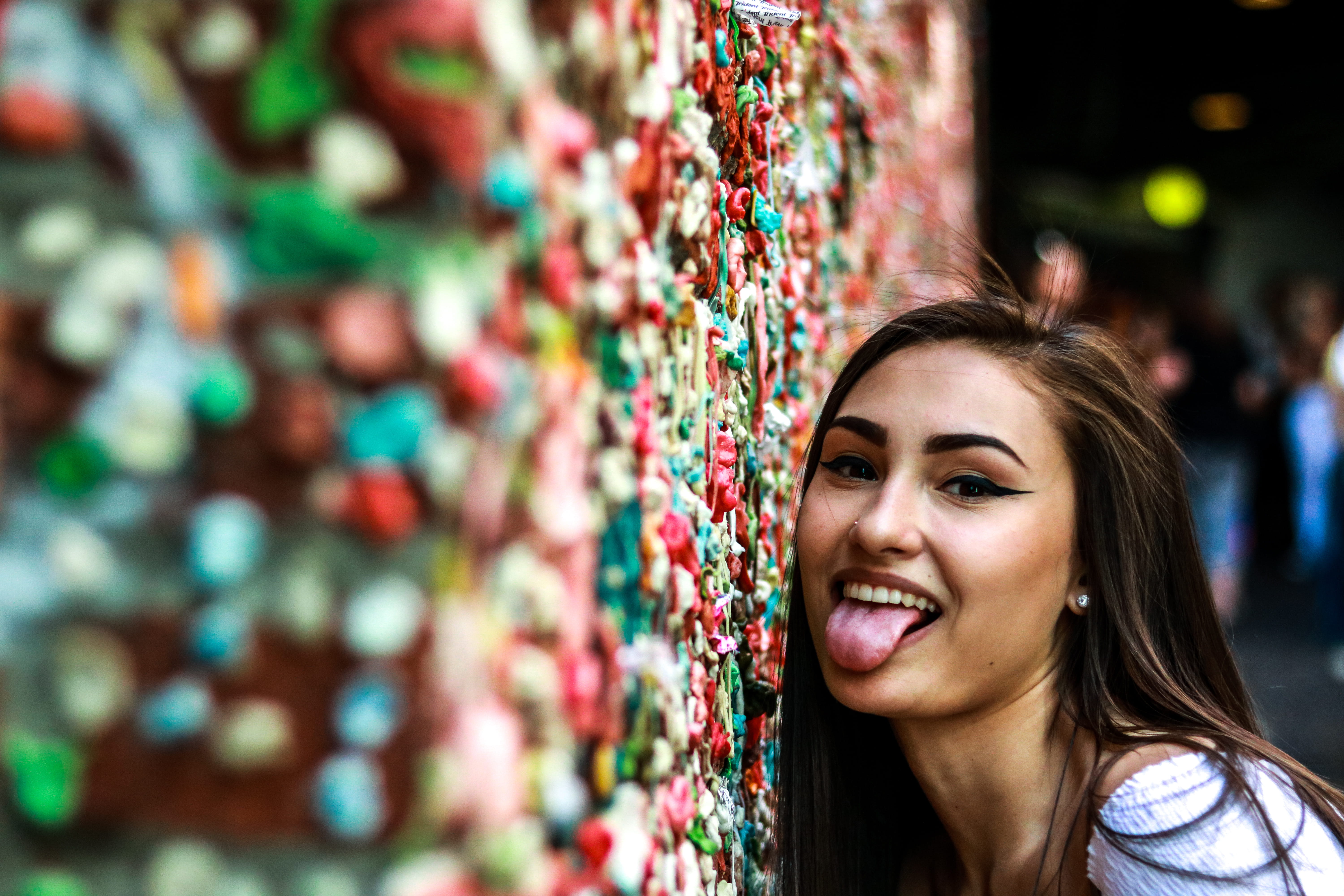 beauty, downtown, young women, women, adult, girl, focus on foreground, teeth, casual clothing, multi colored, looking at camera, hair, sophia, headshot, HD Wallpaper
