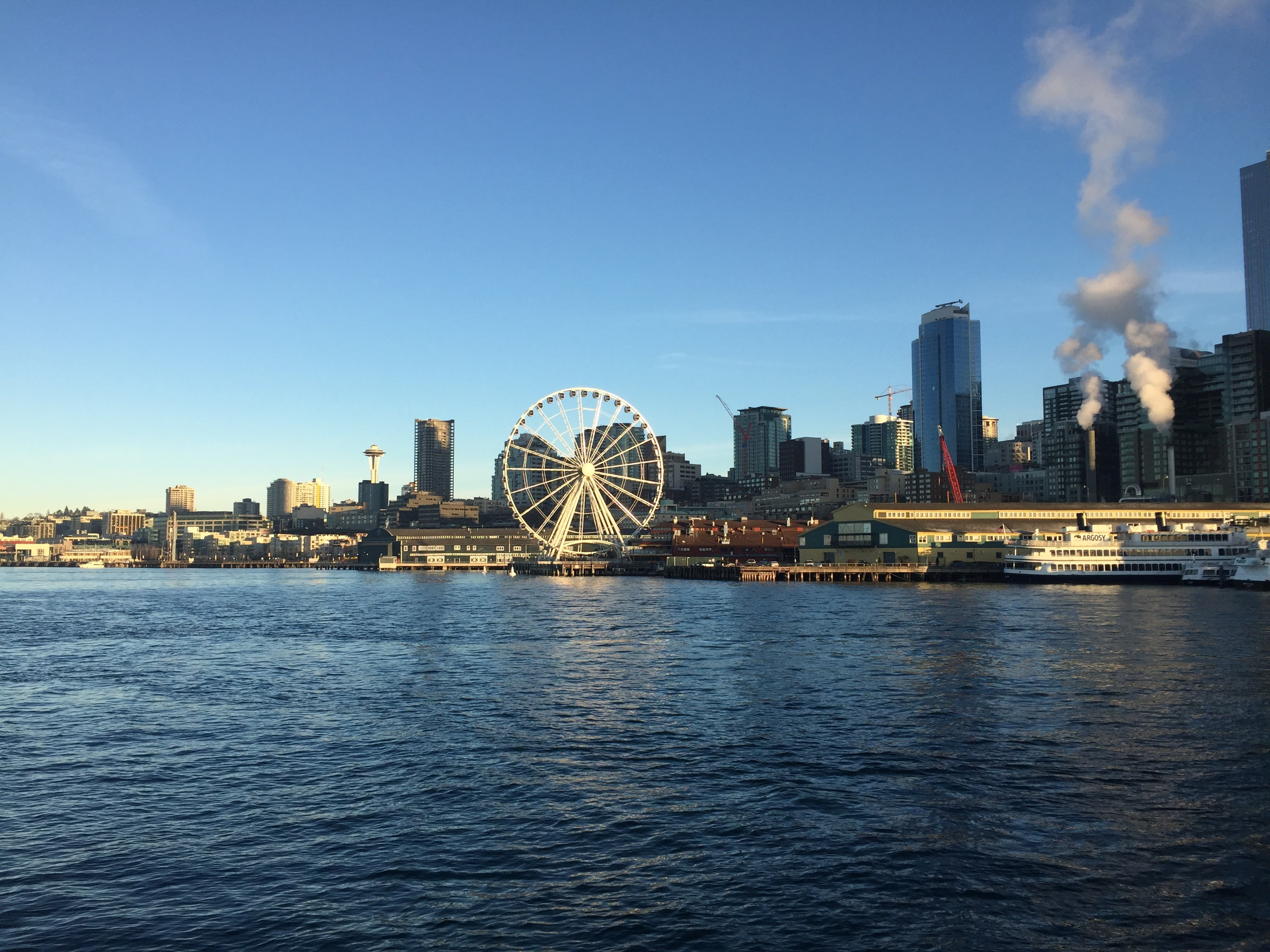 water, wheel, skyscraper, cityscape, sky, pier, washington, ferris, arts culture and entertainment, financial district, urban, no people, river, waterfront, HD Wallpaper