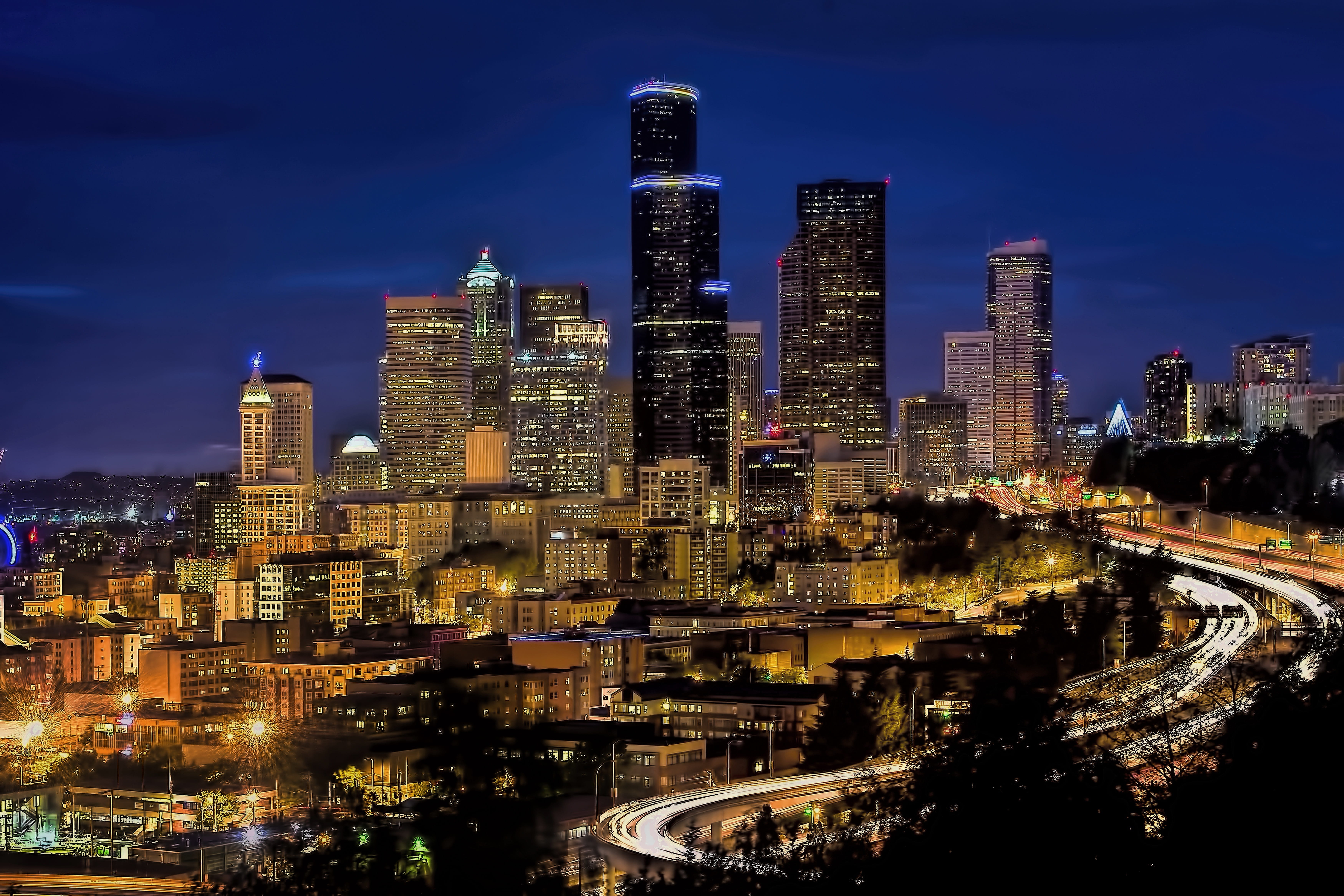 tower, skyline, skyscraper, building, blue hour, financial district, sky, night time, city, illuminated, nature, tall - high, outdoors, no people, building exterior, HD Wallpaper