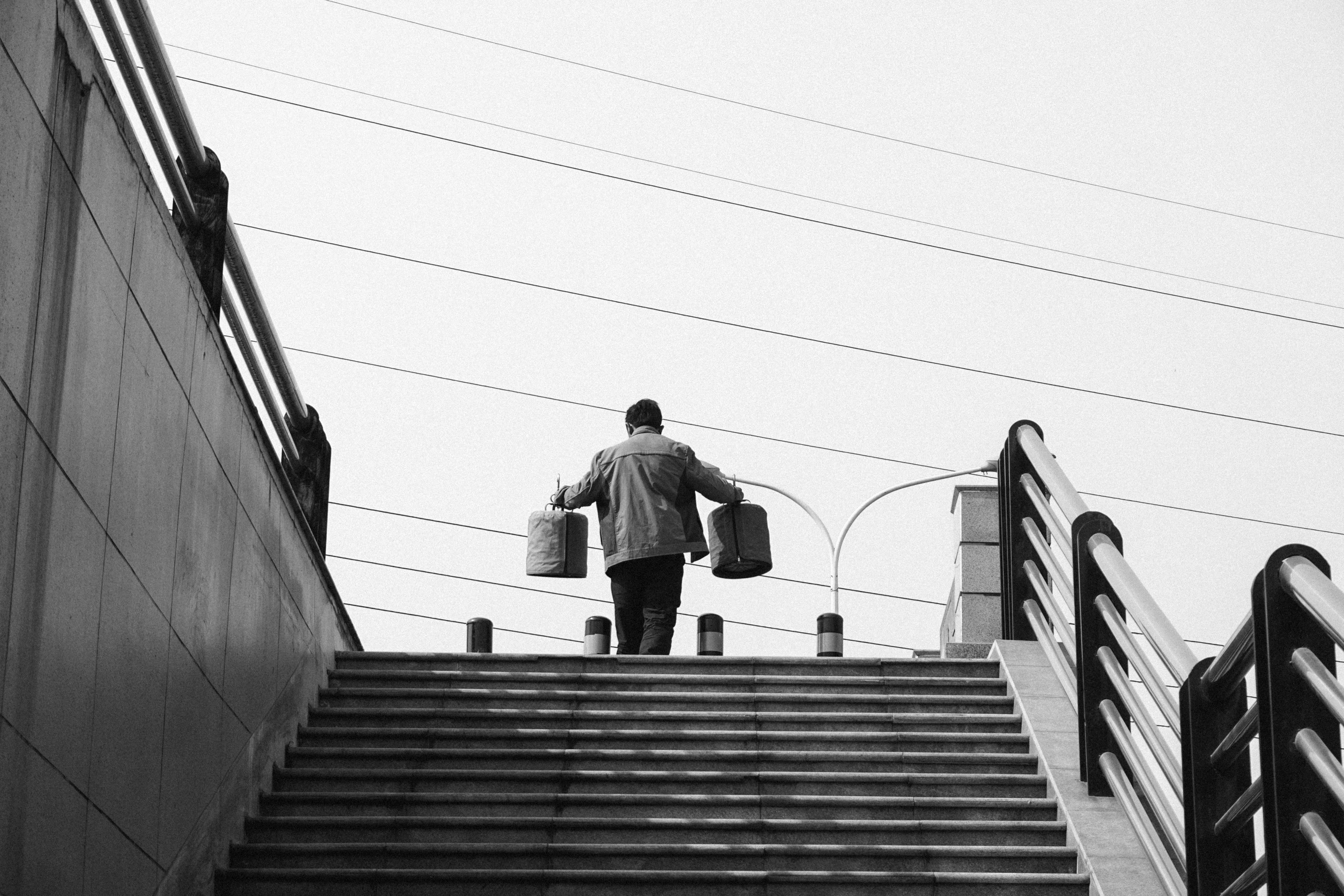 candid, cage, built structure, the way forward, cable, outdoors, technology, lifestyles, walking, stairs, carrying, steps and staircases, pails, staircase, HD Wallpaper