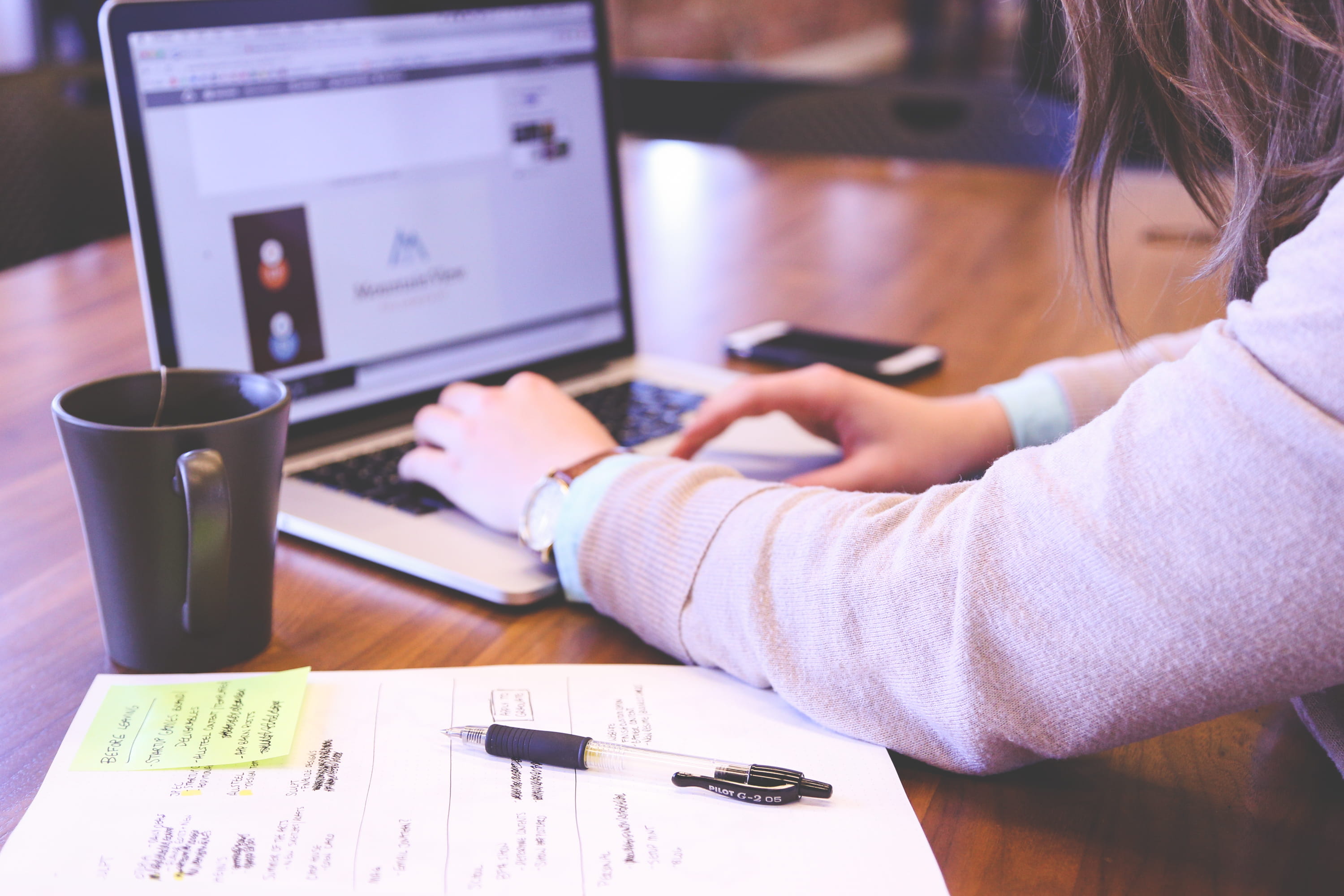 paper, women, startup, woman, tea, table, planning, marketing, indoors, cup, working, drink, work, technology, one person, entrepreneur, sitting, using laptop, HD Wallpaper