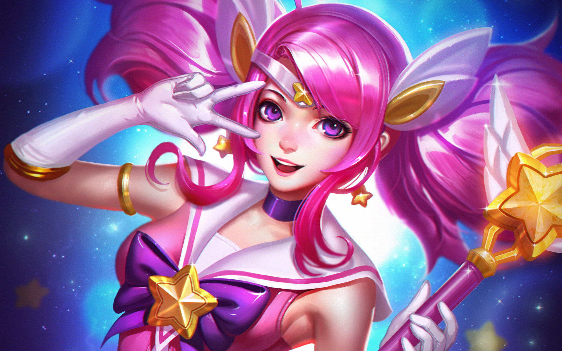 pink color, looking at camera, staff, league of legends, one person, blue background, young adult, Games, fashion, adult, pink hair, beauty, studio shot, HD Wallpaper
