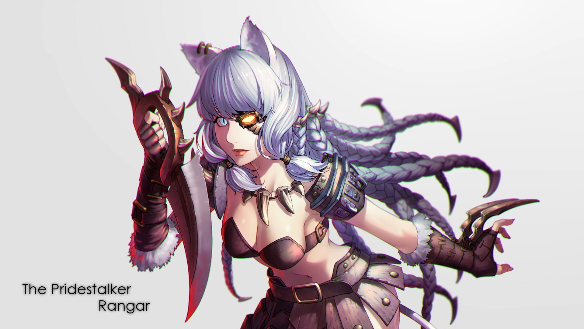 Video Game, Knife, Long Hair, White Hair, Rengar (League Of Legends), Woman, Woman Warrior, 1080P, League Of Legends, Animal Ears, HD Wallpaper