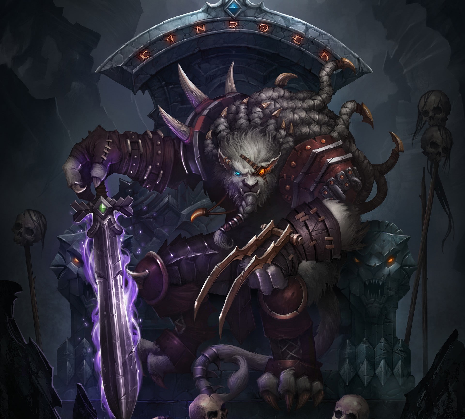 armor, throne, sitting, sword, fantasy, rengar, game, league, 1080P, warrior, magic, legends, HD Wallpaper