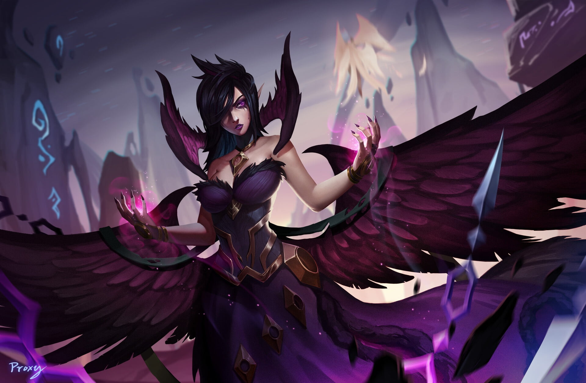 artwork, Morgana (League of Legends), purple eyes, wings, fantasy art, fantasy girl, 1080P, demon girl, HD Wallpaper