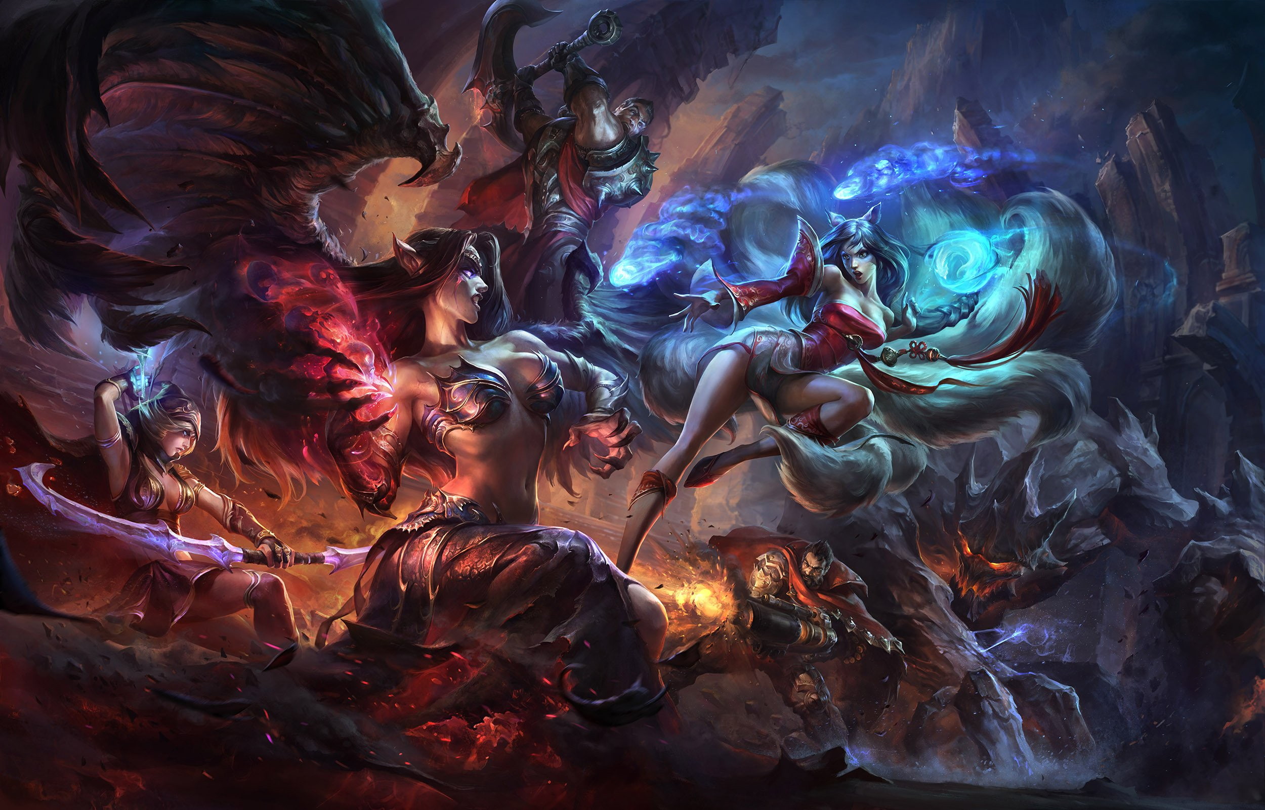 battle, Morgana, league, of, 1080P, Magic, wings, Ahri, art, legends, girl, HD Wallpaper