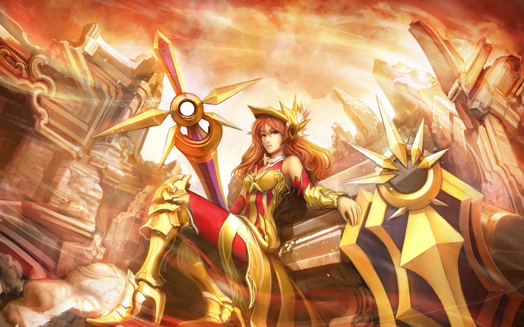 religion, statue, sculpture, creativity, representation, low angle view, no people, anime, 720P, outdoors, League Of Legends, Leona, art and craft, architecture, HD Wallpaper