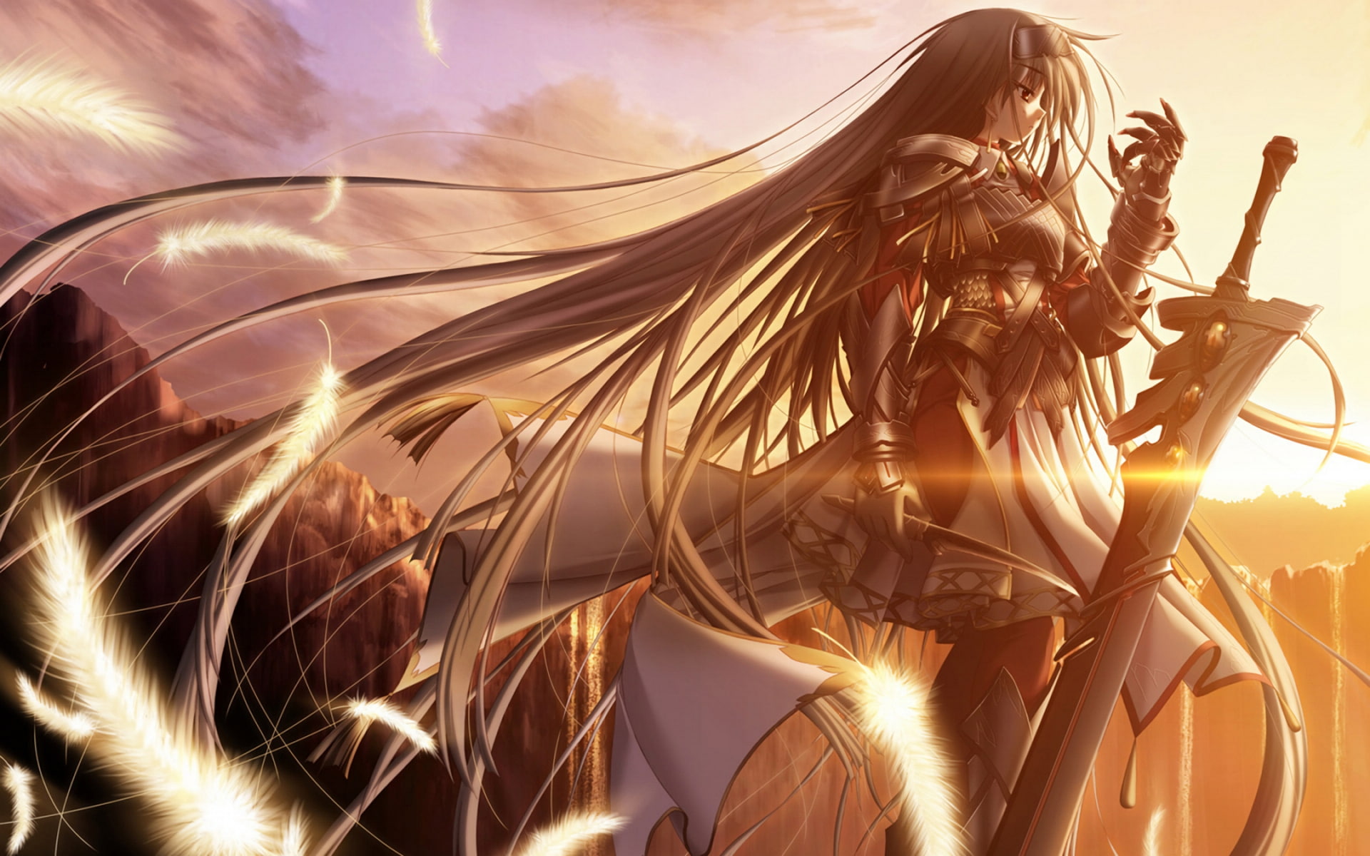 1080P, Sunset, Girl, Armor, Feather, Primitive Link, Cliff, Anime, Geass, Warrior, Long Hair, Sword, HD Wallpaper