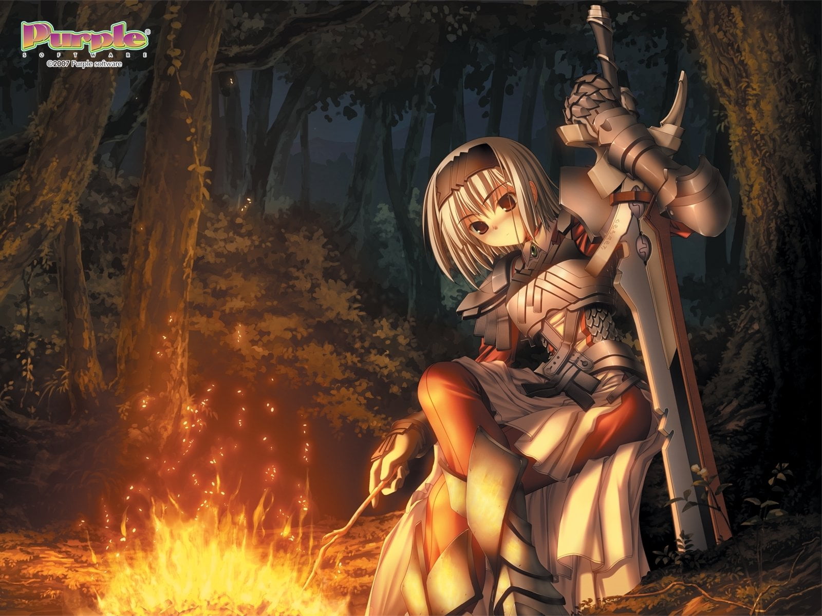 purple, nature, girl, burning, people, sitting, leisure activity, representation, 720P, male likeness, Sword, Campfire, plant, art and craft, Night, full length, HD Wallpaper