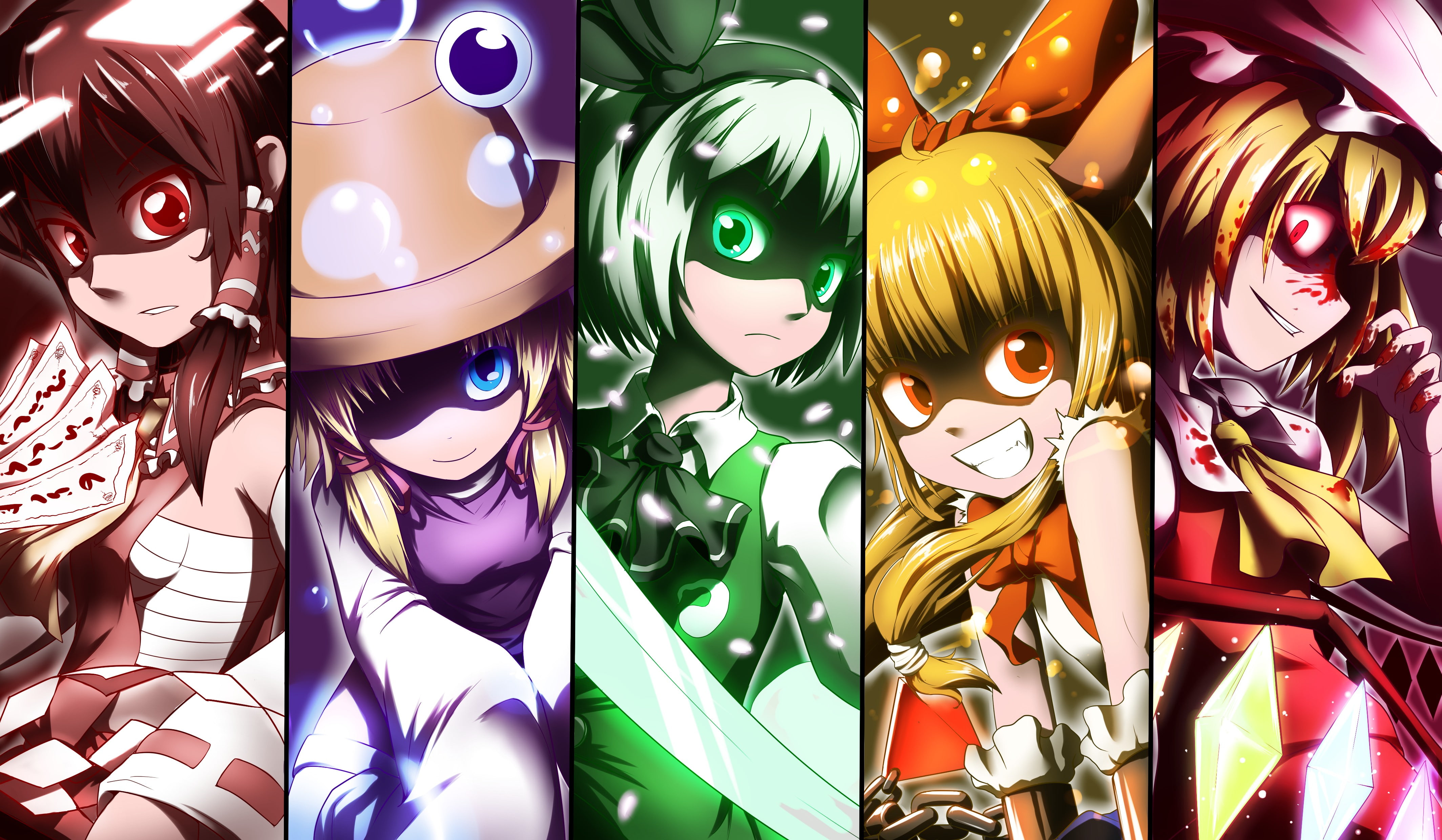 flandre, hair, long, youmu, weapons, 4K, games, scarlet, blue, red, wings, orange, tie, blood, short, horns, konpaku, eyes, touhou, katana, hakurei, chains, HD Wallpaper