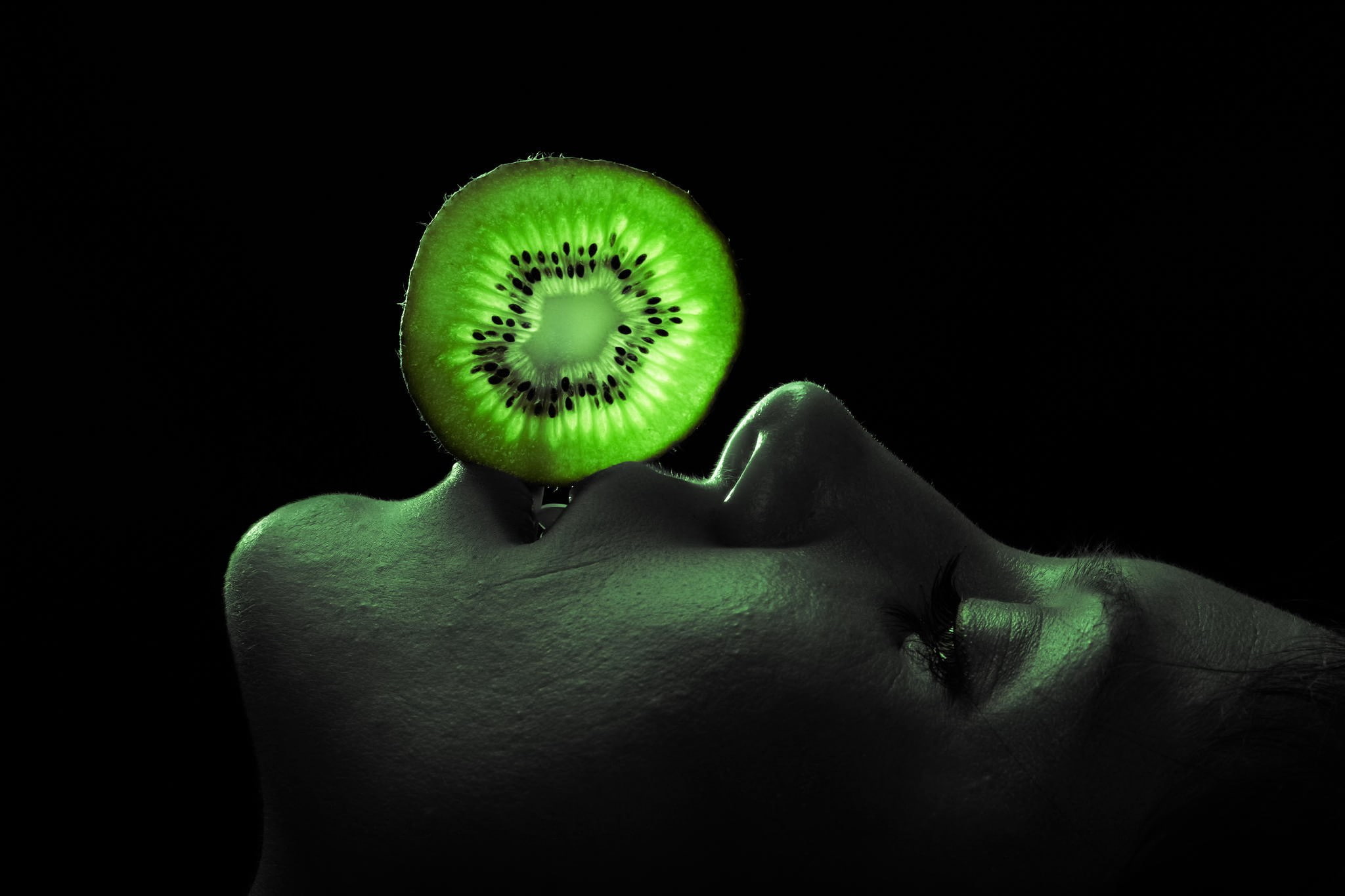 face, kiwi, green color, women, apple - fruit, glowing, food, human body part, green, body part, adult, profile, close-up, indoors, wellbeing, human eye, HD Wallpaper