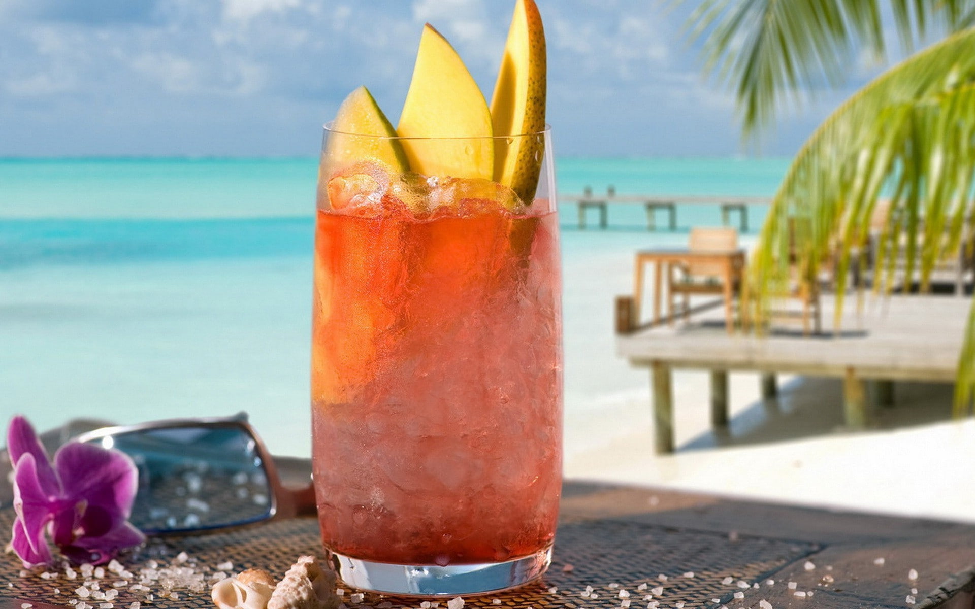 drink, melon, ice, 1080P, beach, palm, melon with ice, sea, HD Wallpaper