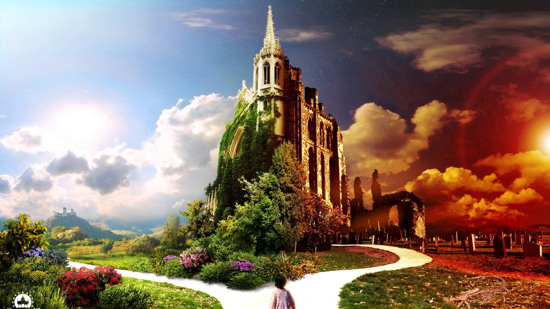 travel, the past, castle, history, tower, cloud - sky, building, built structure, architecture, children, outdoors, religion, sky, tree, digital art, illustration, HD Wallpaper