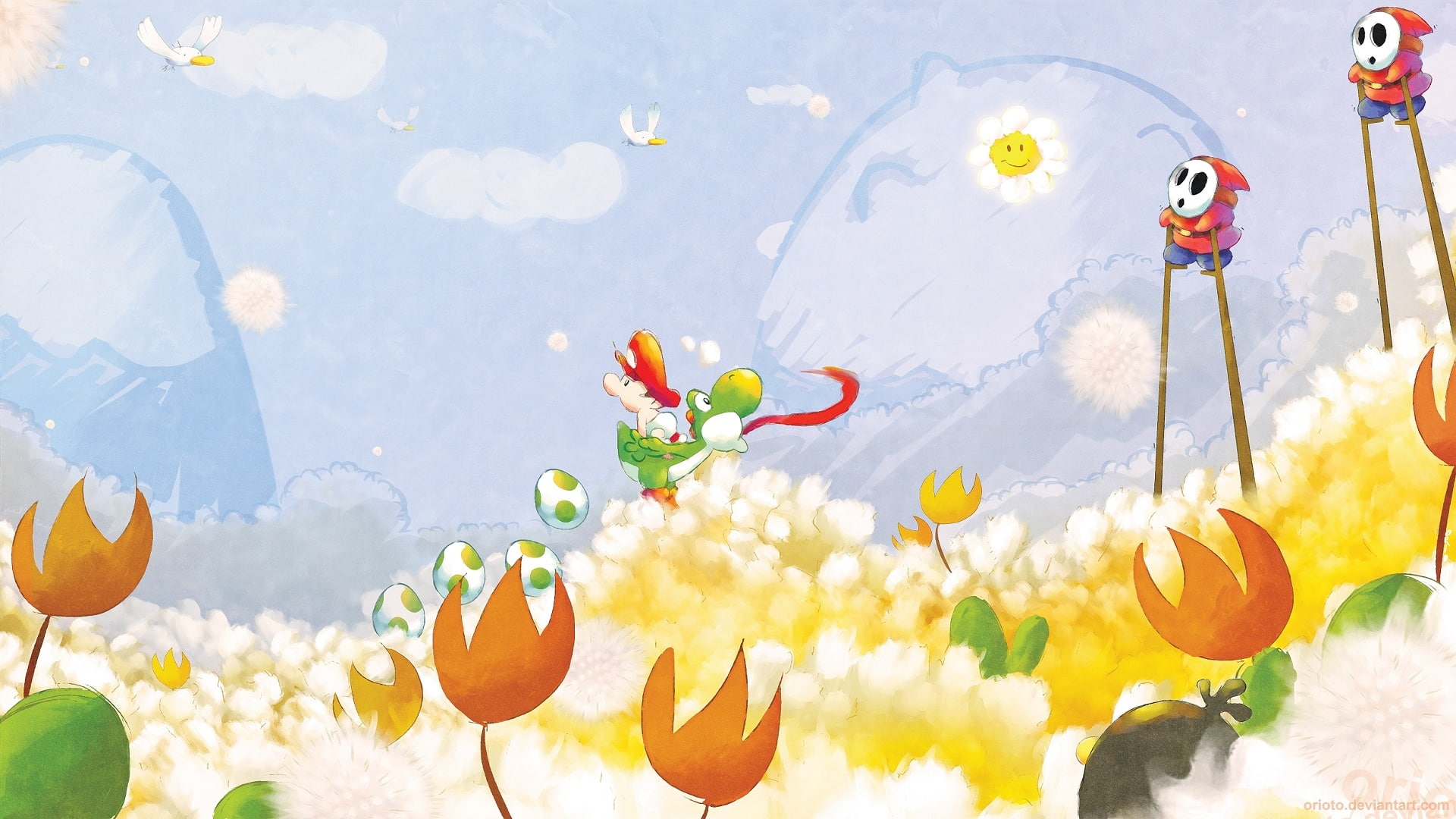 1080P, hd, shy, games, guy, yoshi, art, mario, eggs, Flowers, video, HD Wallpaper
