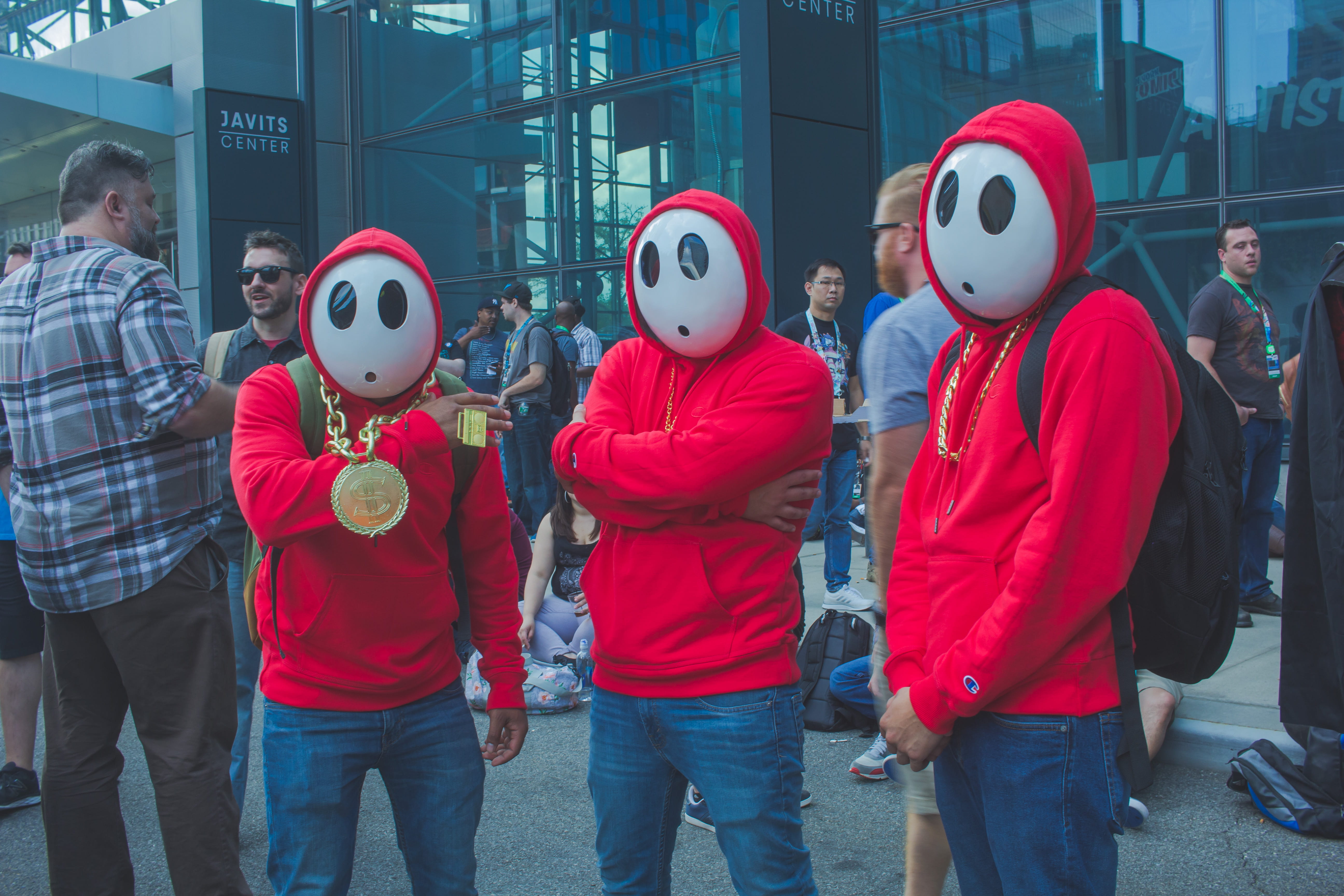 people, childhood, building exterior, shy guy, women, ny, group of people, 5K, nintendo, leisure activity, nyc, red, fly guys, cosplay, built structure, HD Wallpaper