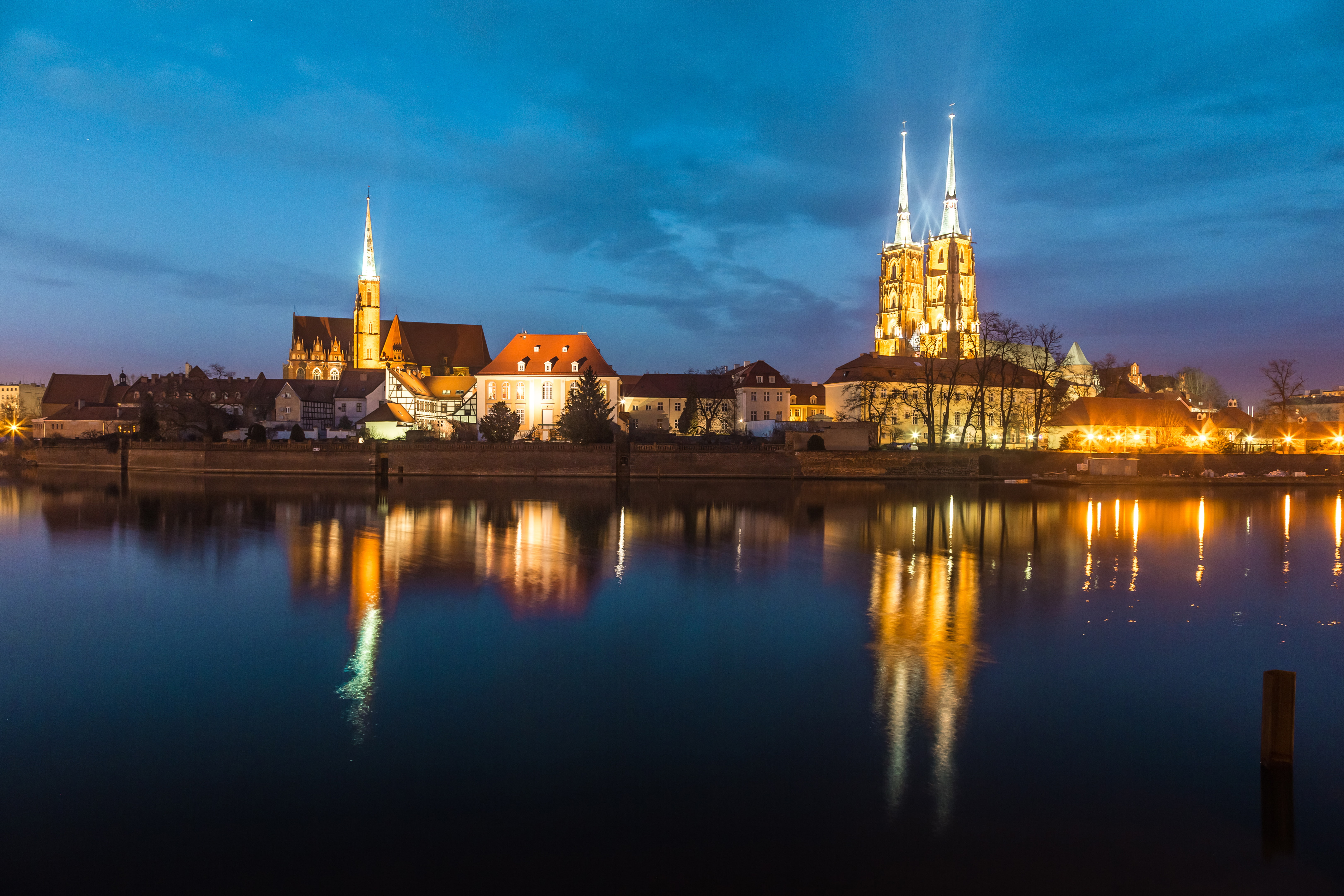 Ostrów Tumski, building, 5K, night, home, Wroclaw, Poland, night lights, river, HD Wallpaper