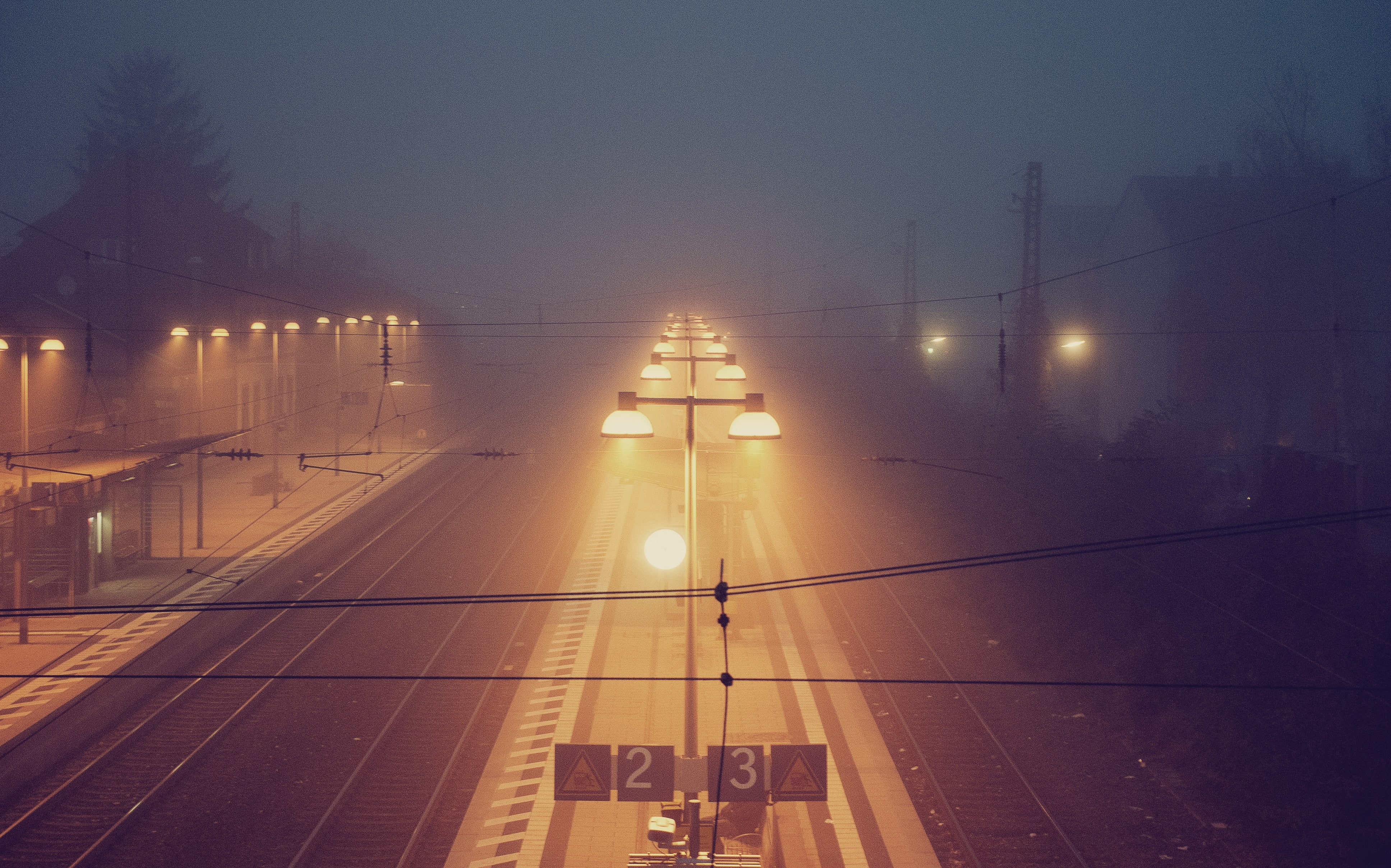 lights, railroad, train station, mist, night, train, 4K, station, HD Wallpaper