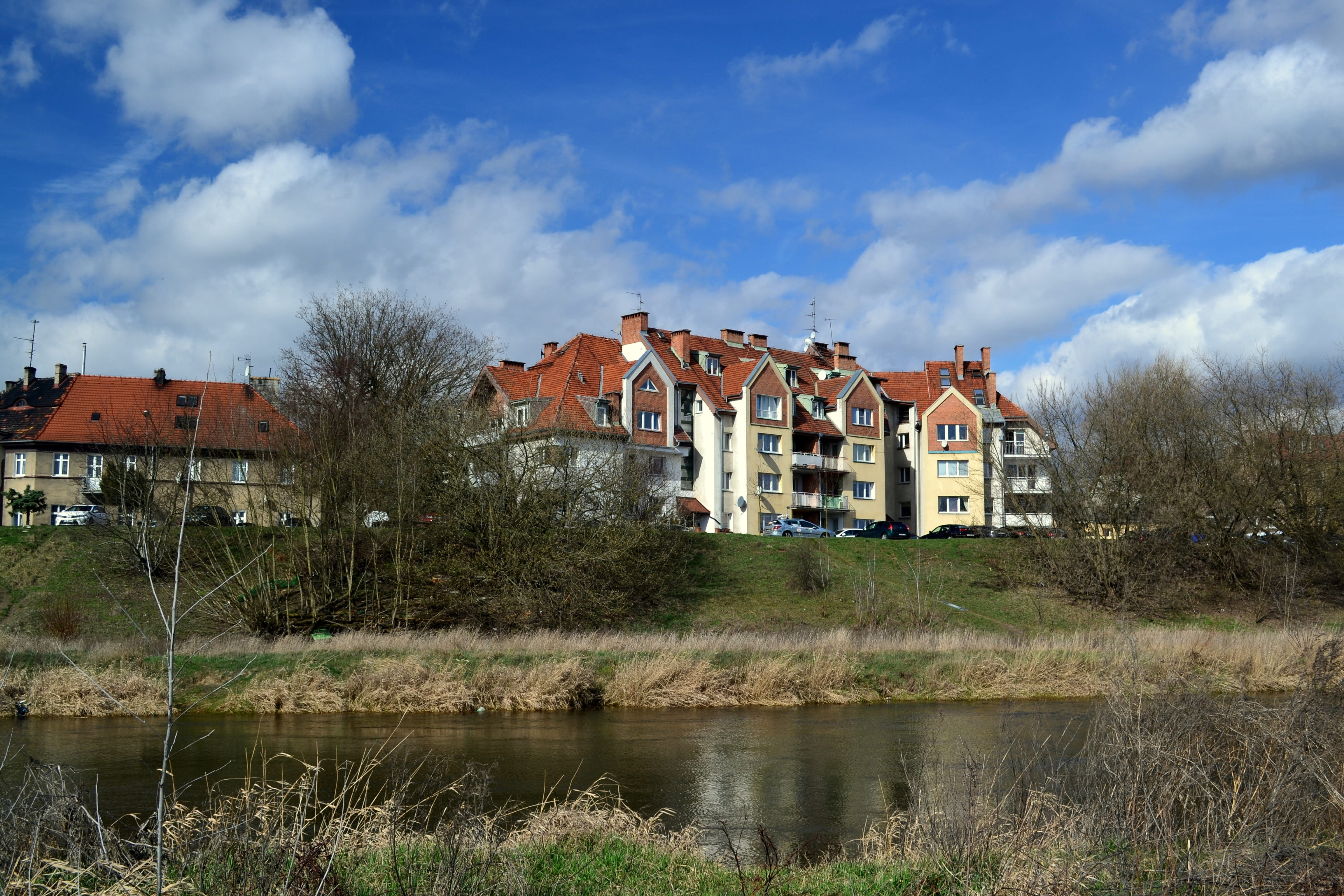 day, plant, built structure, water, no people, 4K, house, sky, sunlight, clouds, nature, residential district, outdoors, building, river, poznan, tree, HD Wallpaper