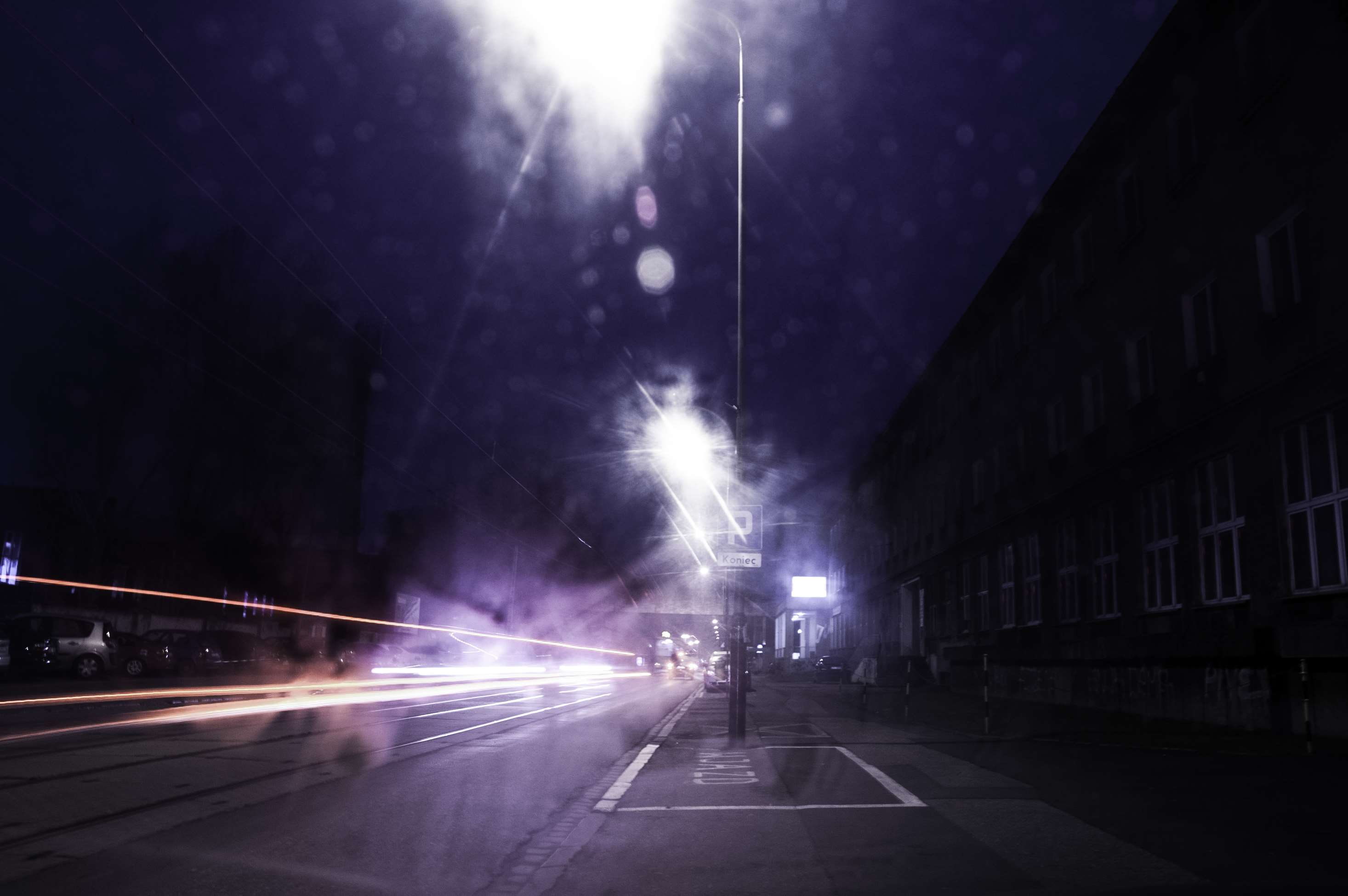 built structure, transportation, poznan, light beam, direction, motion, night, lens flare, outdoors, waiting, traffic, architecture, no people, 2K, road, HD Wallpaper