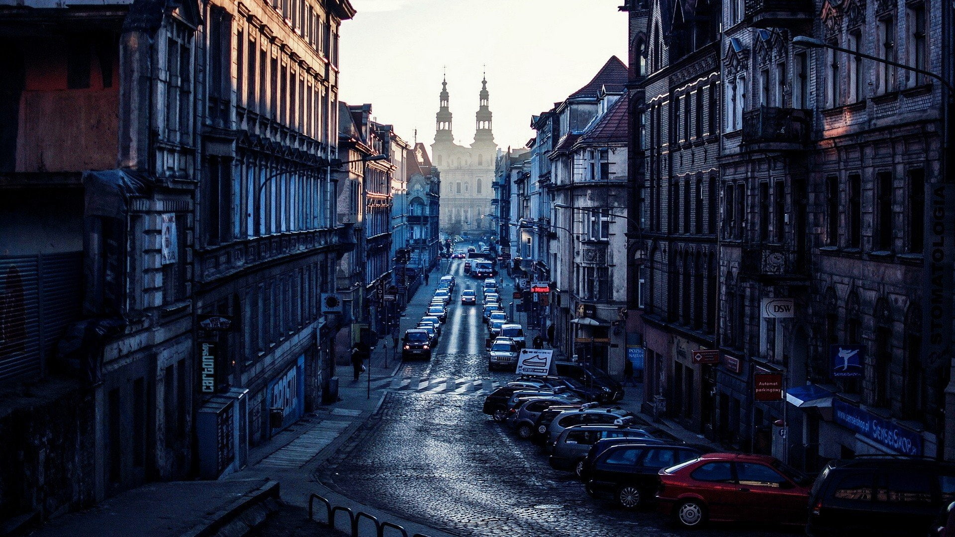 Poland, street, 1080P, church, Morning, Poznan, Cityscape, HD Wallpaper