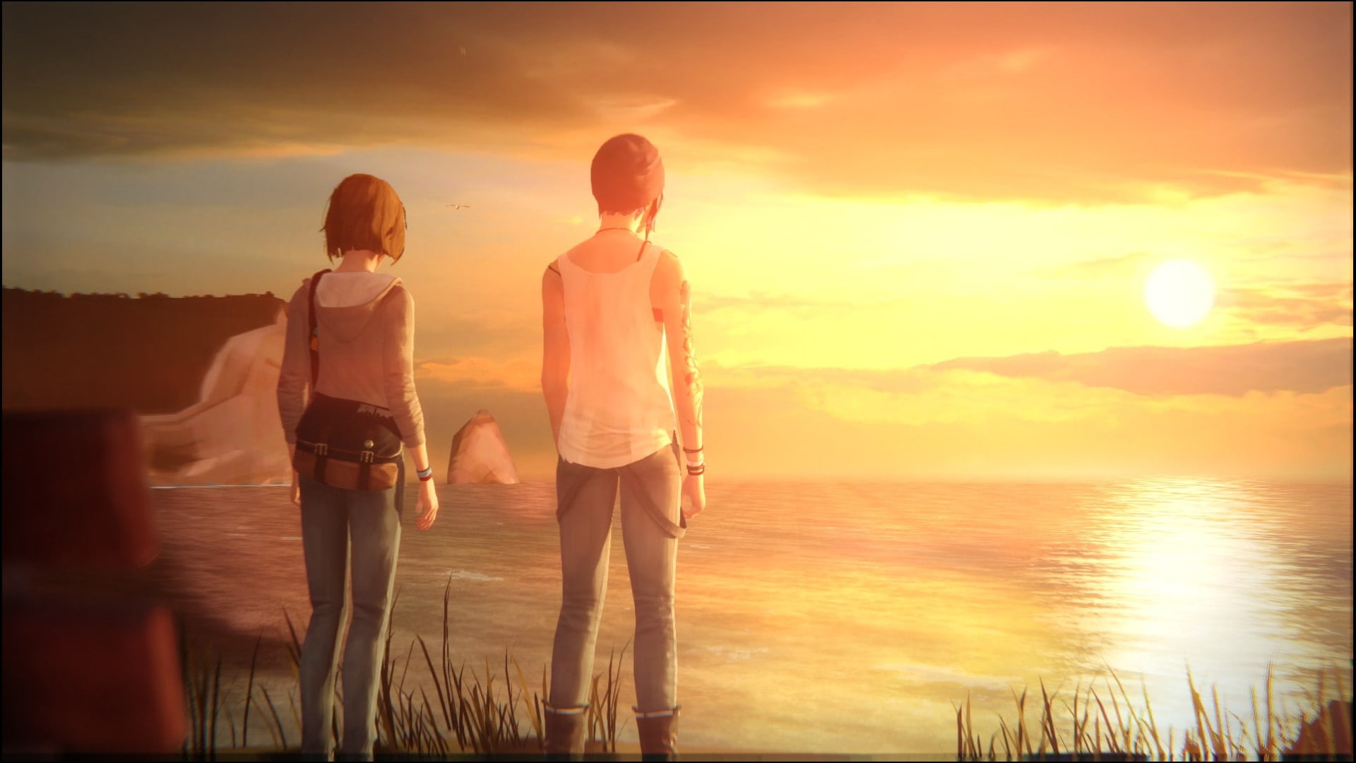 sky, Life Is Strange, outdoors, sunlight, land, Chloe Price, water, togetherness, 1080P, sunset, beauty in nature, real people, rear view, standing, leisure activity, HD Wallpaper