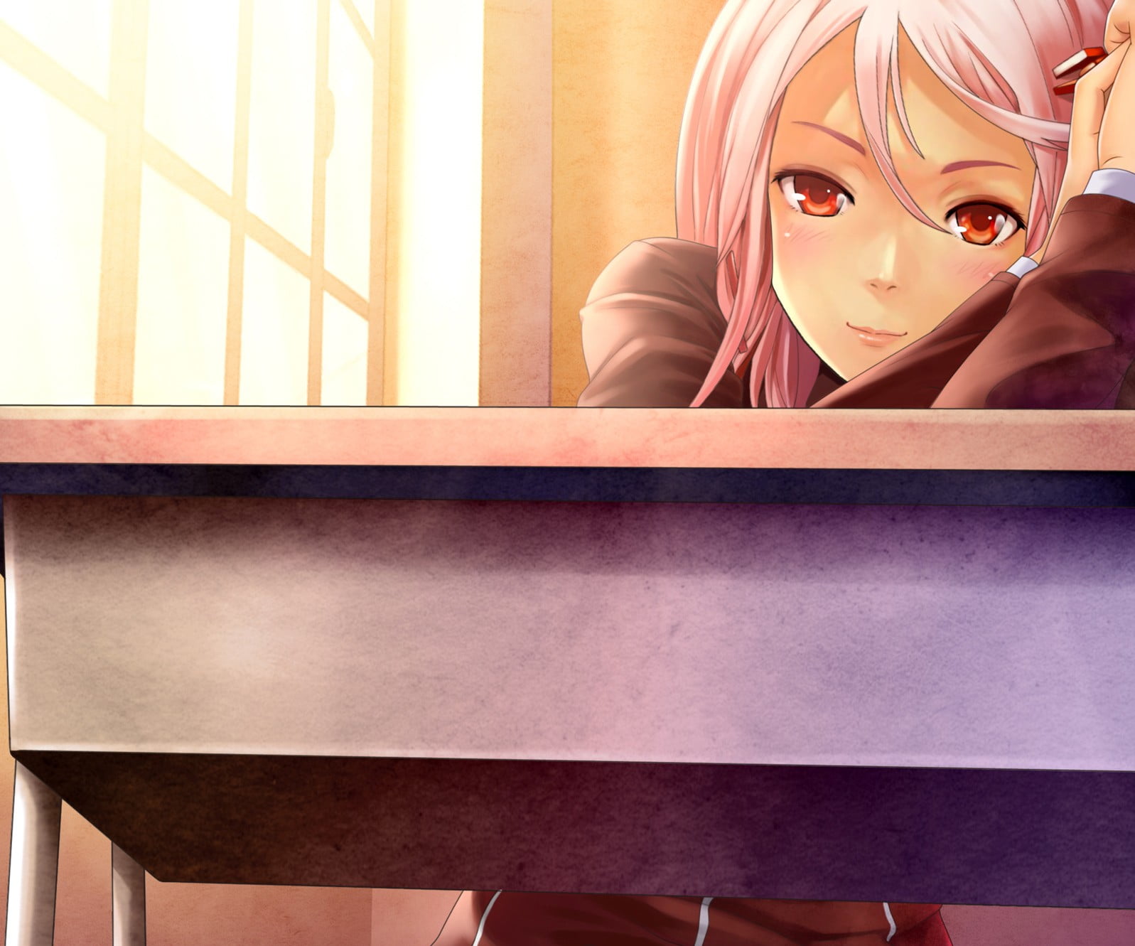indoors, Yuzuriha Inori, seat, Guilty Crown, railing, looking, one person, glasses, architecture, built structure, front view, lifestyles, window, 720P, HD Wallpaper