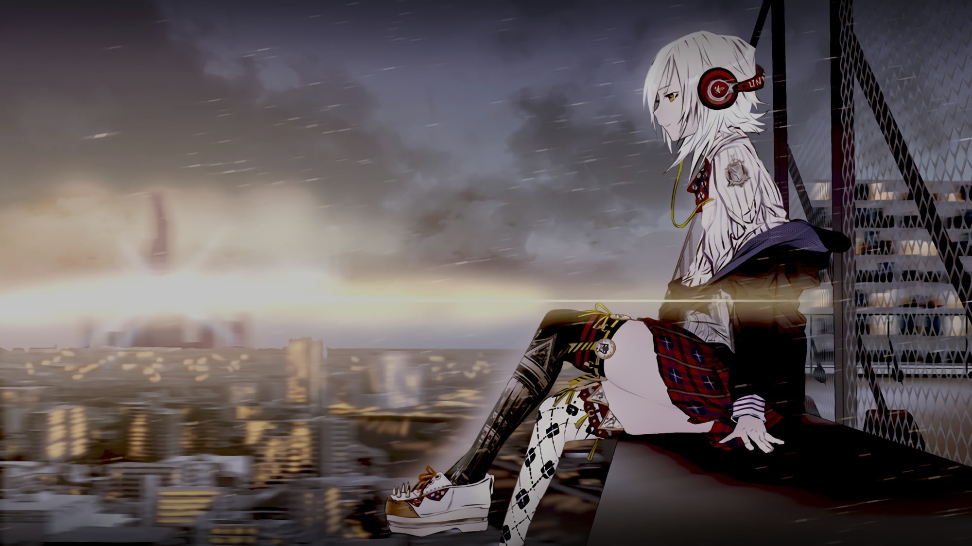 motion, white, 1080P, nature, representation, stockings, blurred motion, flag, girl, reflection, city, building, water, female, vocaloid, the city, architecture, HD Wallpaper