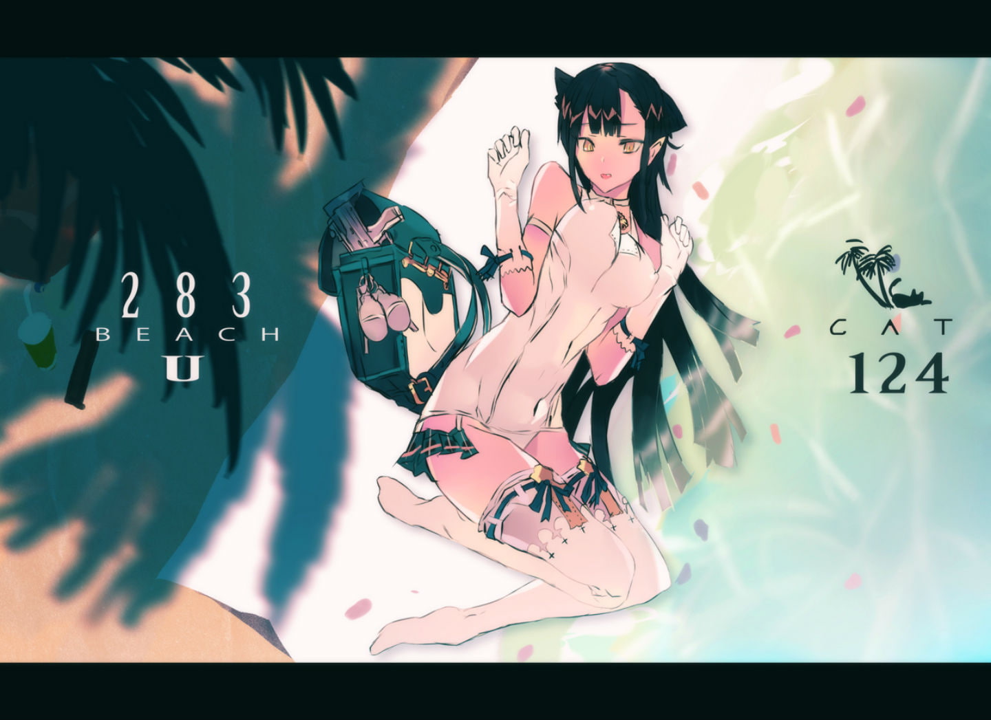 720P, ul283, catgirl, hair, yellow, eyes, long, petals, ears, ribbons, original, beach, gloves, water, elbow, thighhighs, black, animal, HD Wallpaper