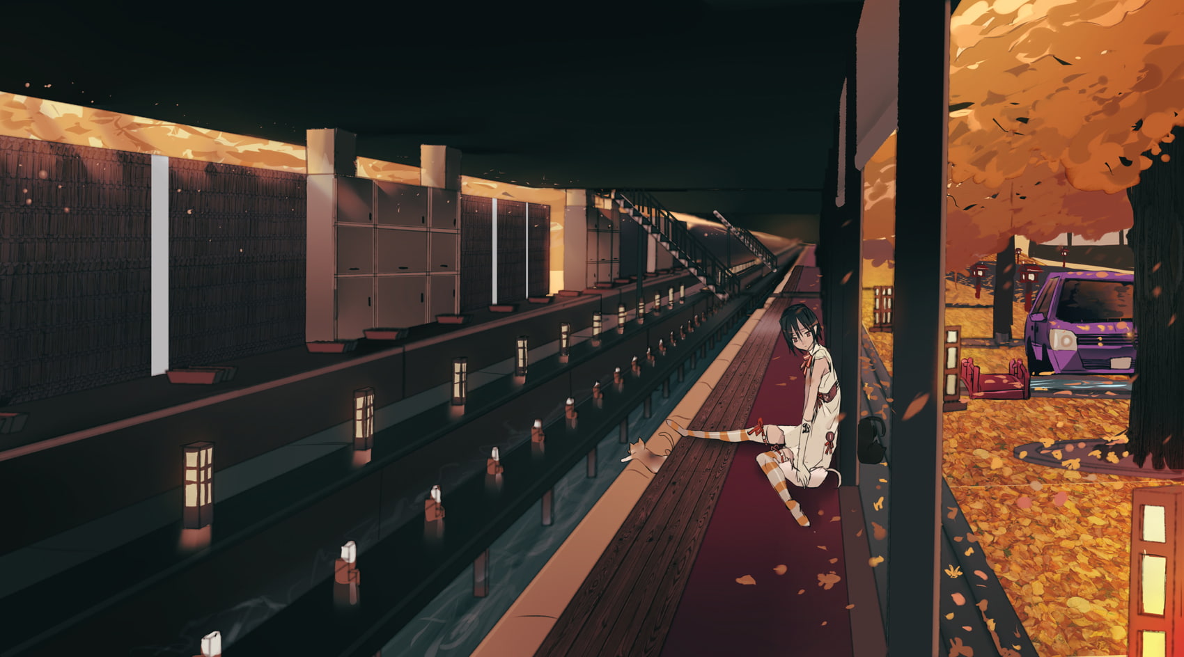 original, car, stairs, ribbons, autumn, elbow, gloves, ul283, 720P, brown, water, short, thighhighs, tree, eyes, animal, hair, black, cat, leaves, HD Wallpaper