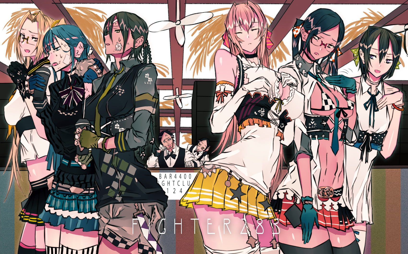 tie, black, bikini, braids, cleavage, ul283, group, thighhighs, choker, hair, pink, blue, bow, glasses, top, 720P, original, bandage, skirt, gloves, long, HD Wallpaper