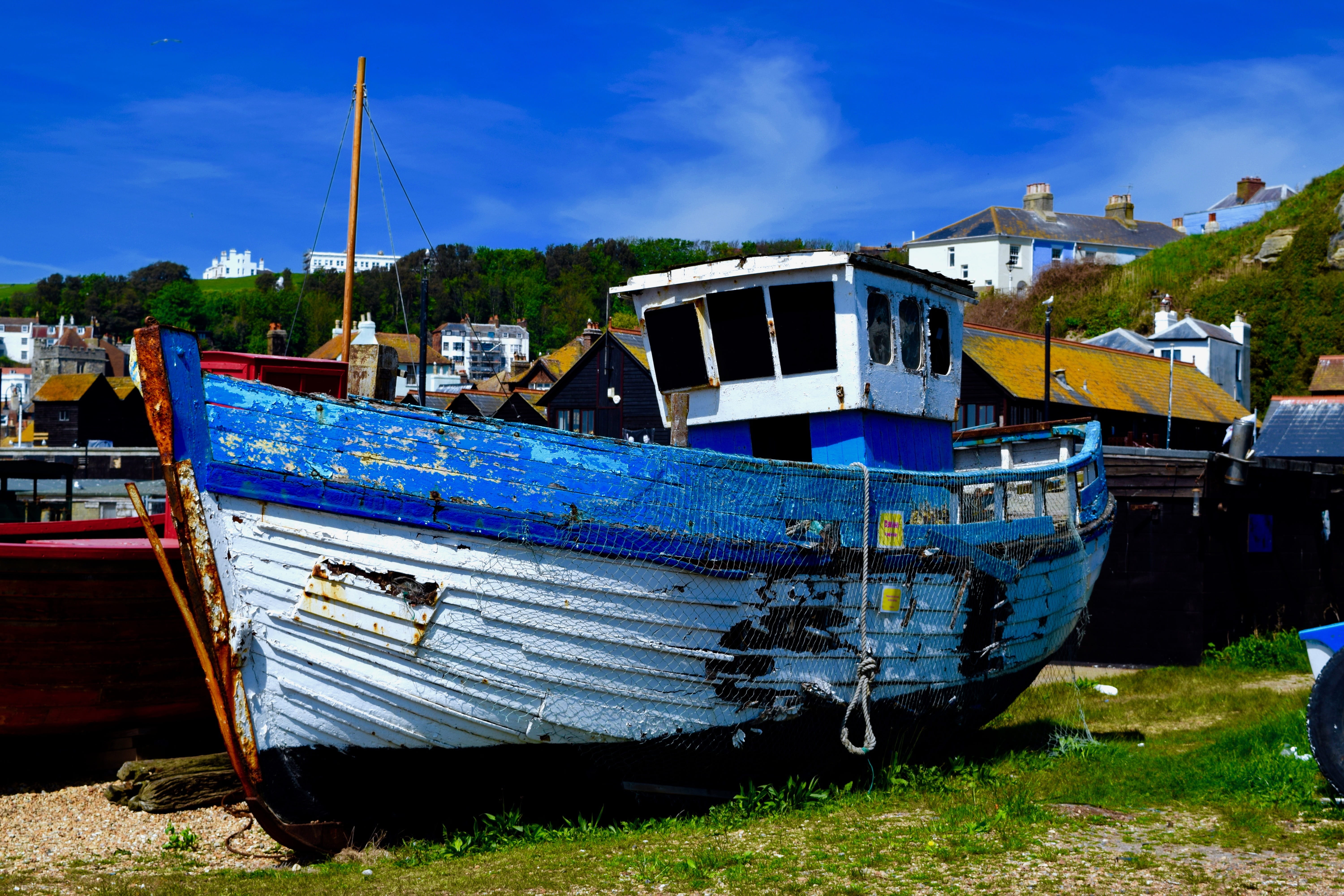 maritime, 5K, sky, vessel, moored, outdoors, transportation, bo, coast, boats, blue, ship, run-down, shore, fishing, beach, fishing boat, cloud - sky, HD Wallpaper