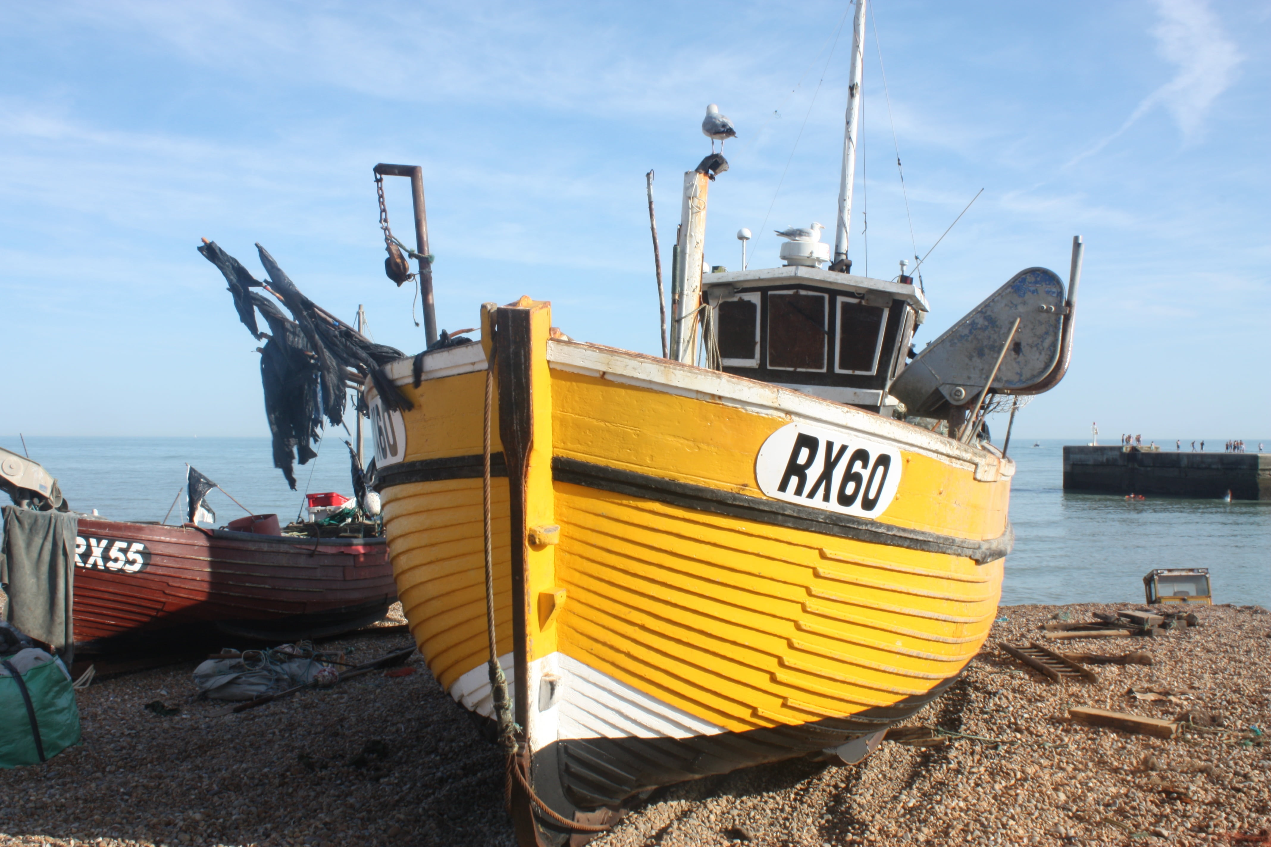 no people, water, yellow, nautical vessel, cloud - sky, tranquility, coast, mode of transportation, sky, sunlight, sand, seafront, boat, outdoors, land, HD Wallpaper