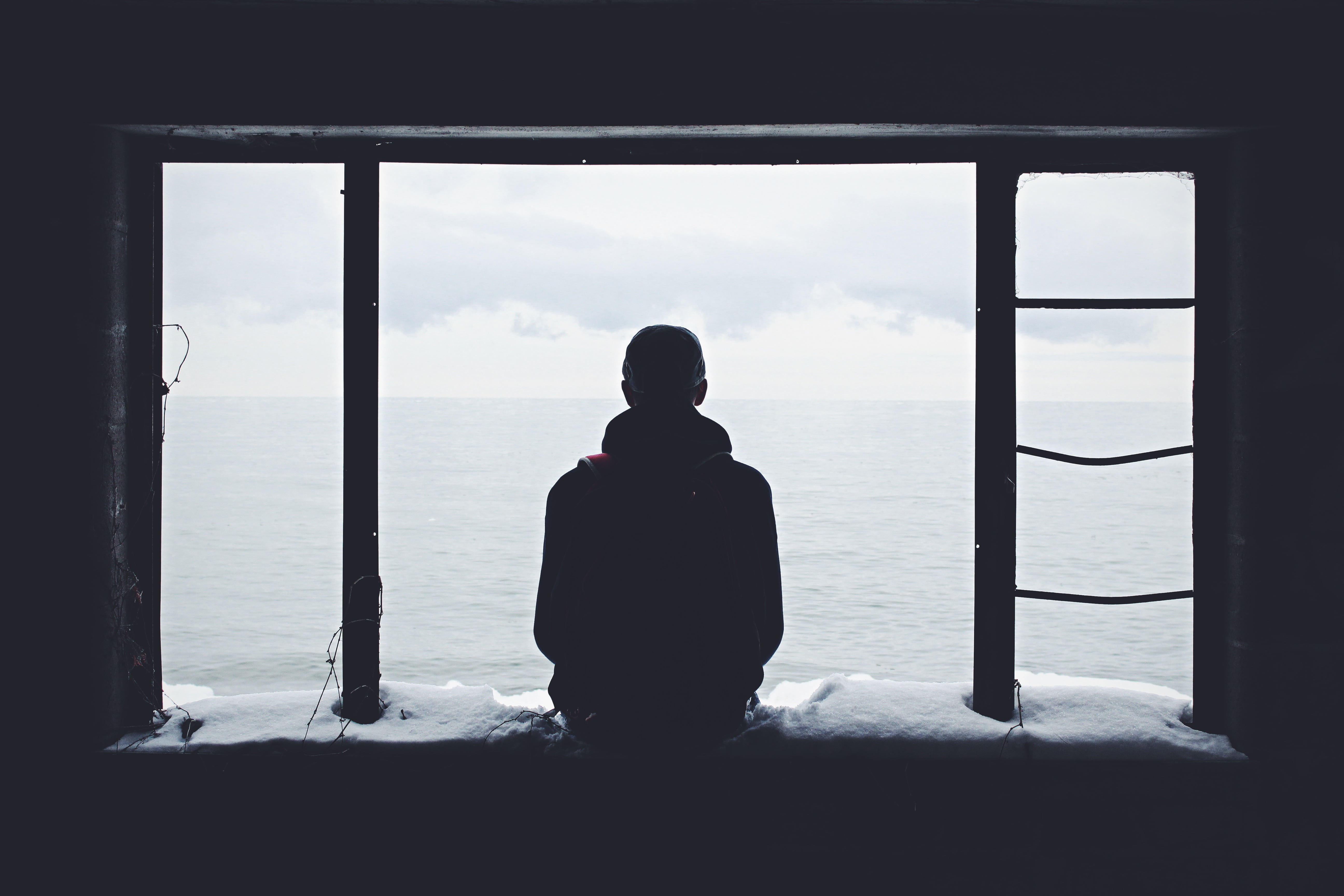 sky, window, sitting, silhouette, royalty  images, rear view, lifestyles, glass - material, person, man, transparent, real people, 5K, ocean, water, indoors, HD Wallpaper