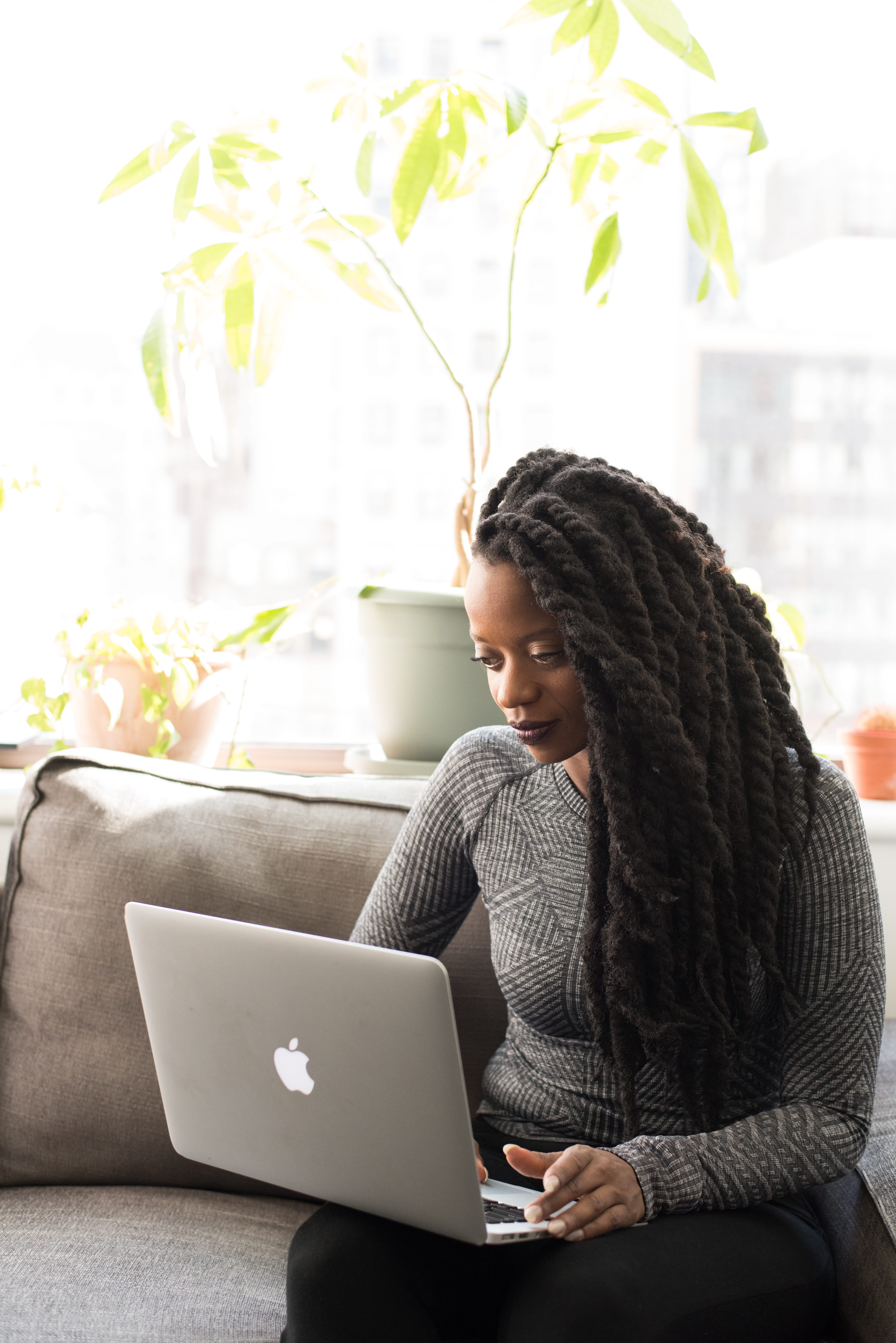 female, model, sweater, apple device, furniture, sit, girl, seat, gray, technology, remote work, woman, lady, connection, using, wireless technology, computer network, Phone HD Wallpaper
