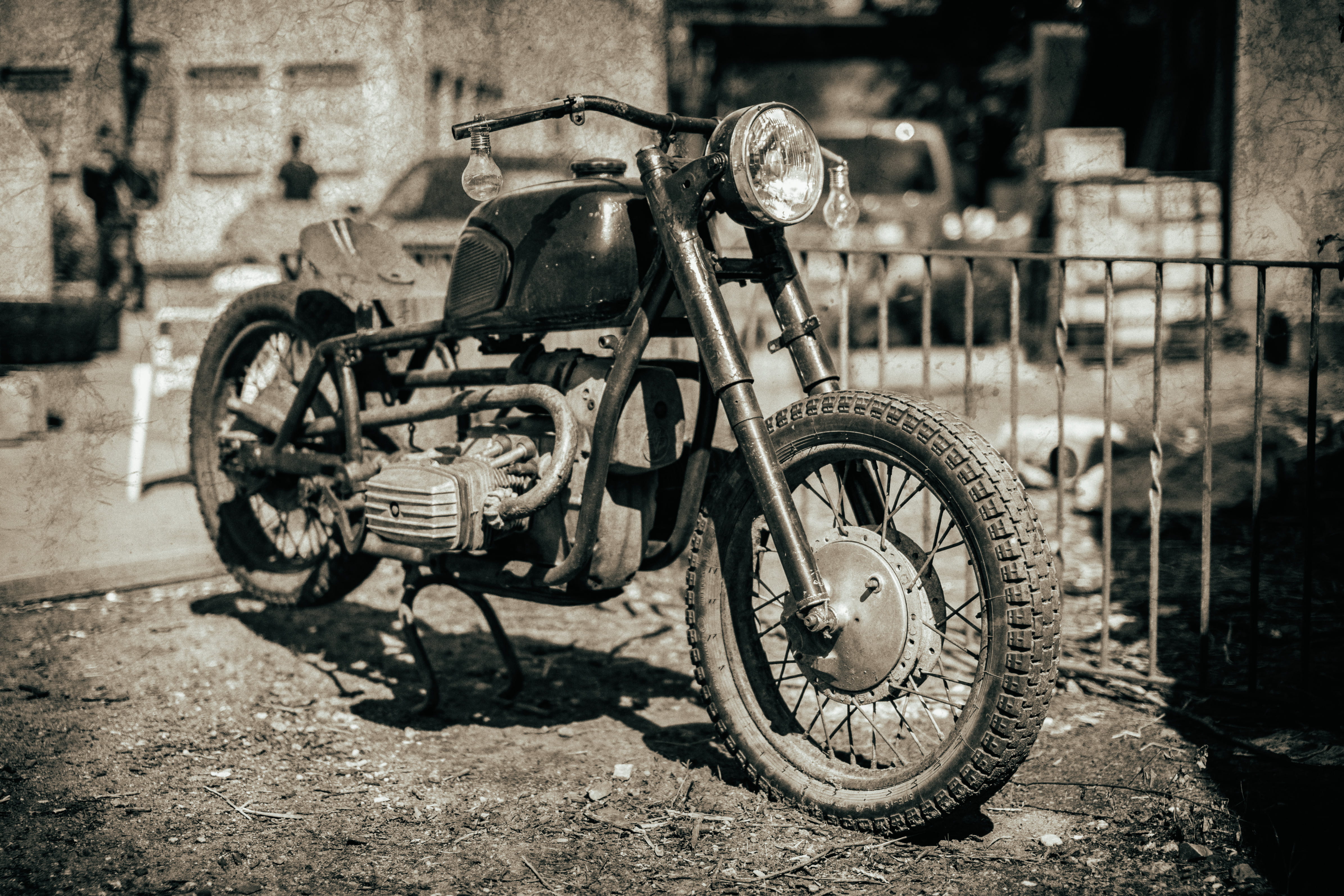 sunlight, handlebar, wheel, transportation, tire, 4K, lost places, bulbs, sephia, travel, street, architecture, no people, bicycle, lost place, focus on foreground, HD Wallpaper